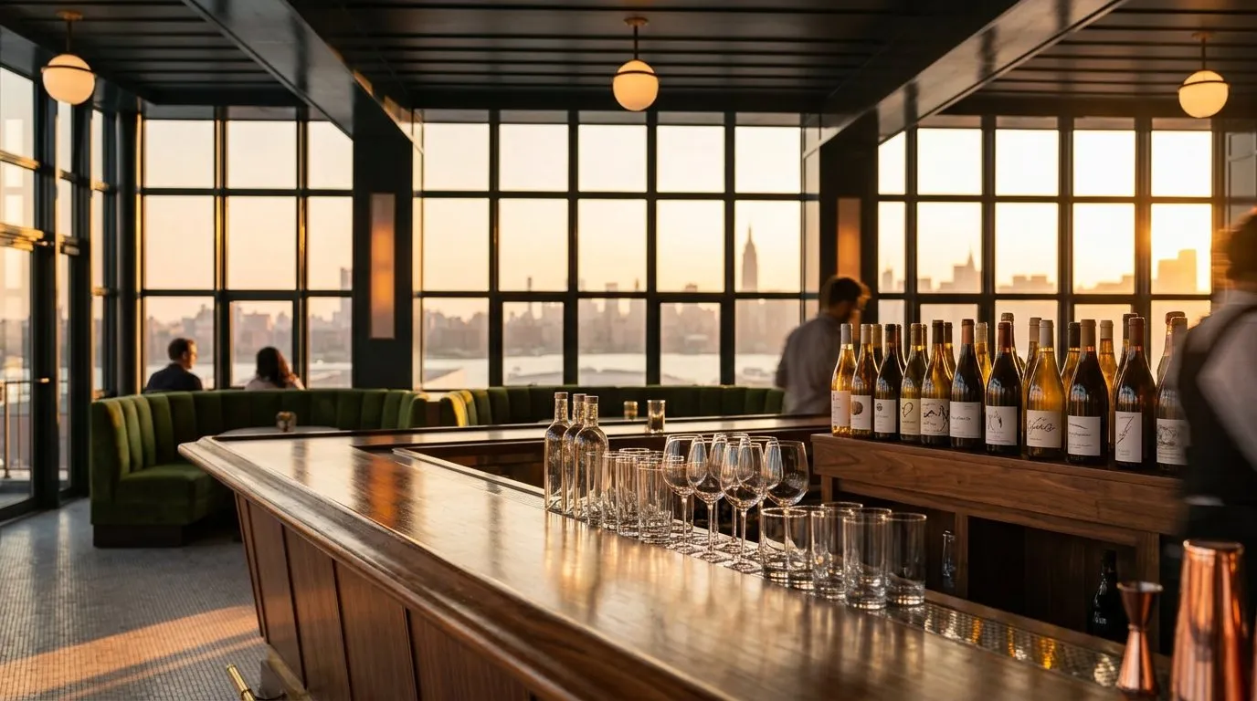 Interior counter at a Williamsburg rooftop bar with skyline visible through floor-to-ceiling windows