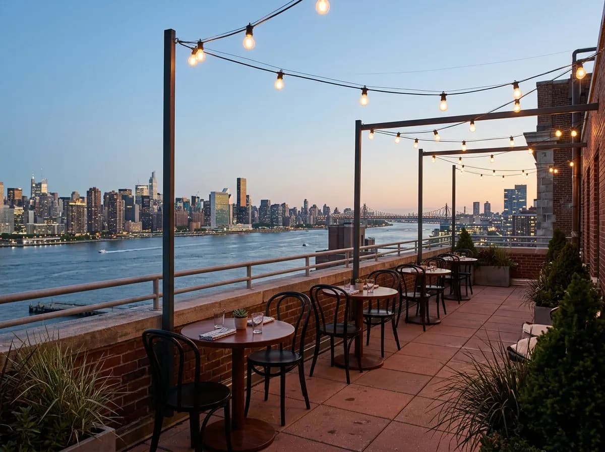 Empty rooftop terrace with mahogany tables overlooking the East River at dusk