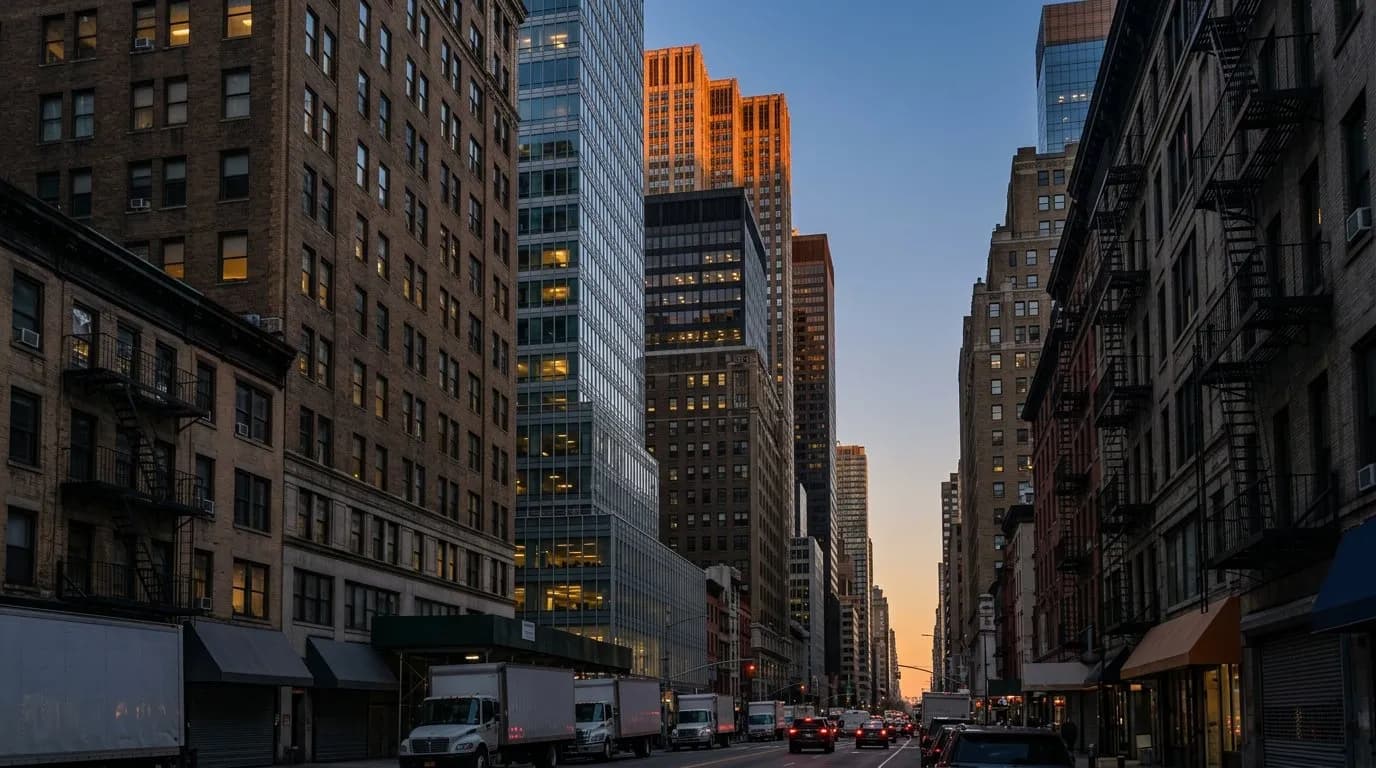 Midtown Manhattan commercial towers on 7th Avenue at dusk