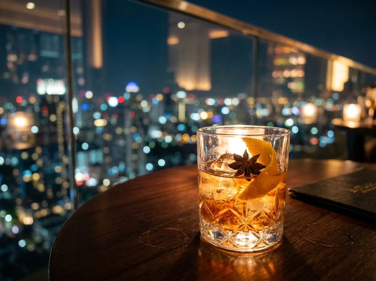 Cocktail on a rooftop lounge table with city lights blurred behind