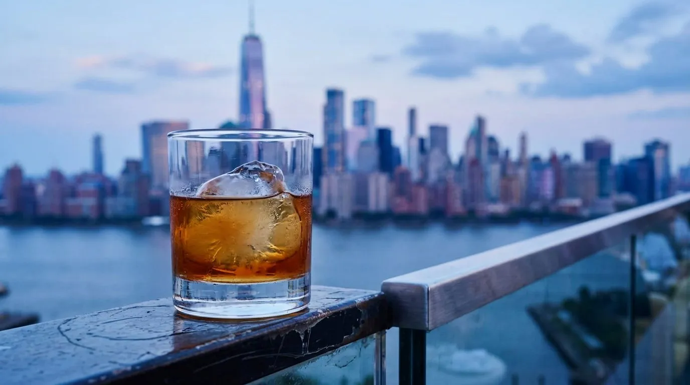Cocktail glass on a rooftop balcony ledge with the Manhattan skyline blurred behind it