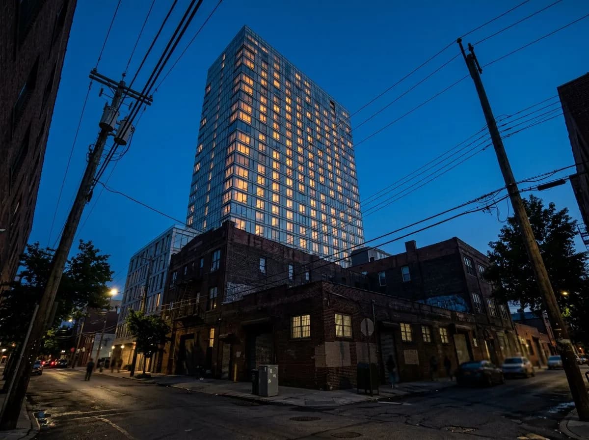 Glass hotel tower rising above brick buildings in Williamsburg at night