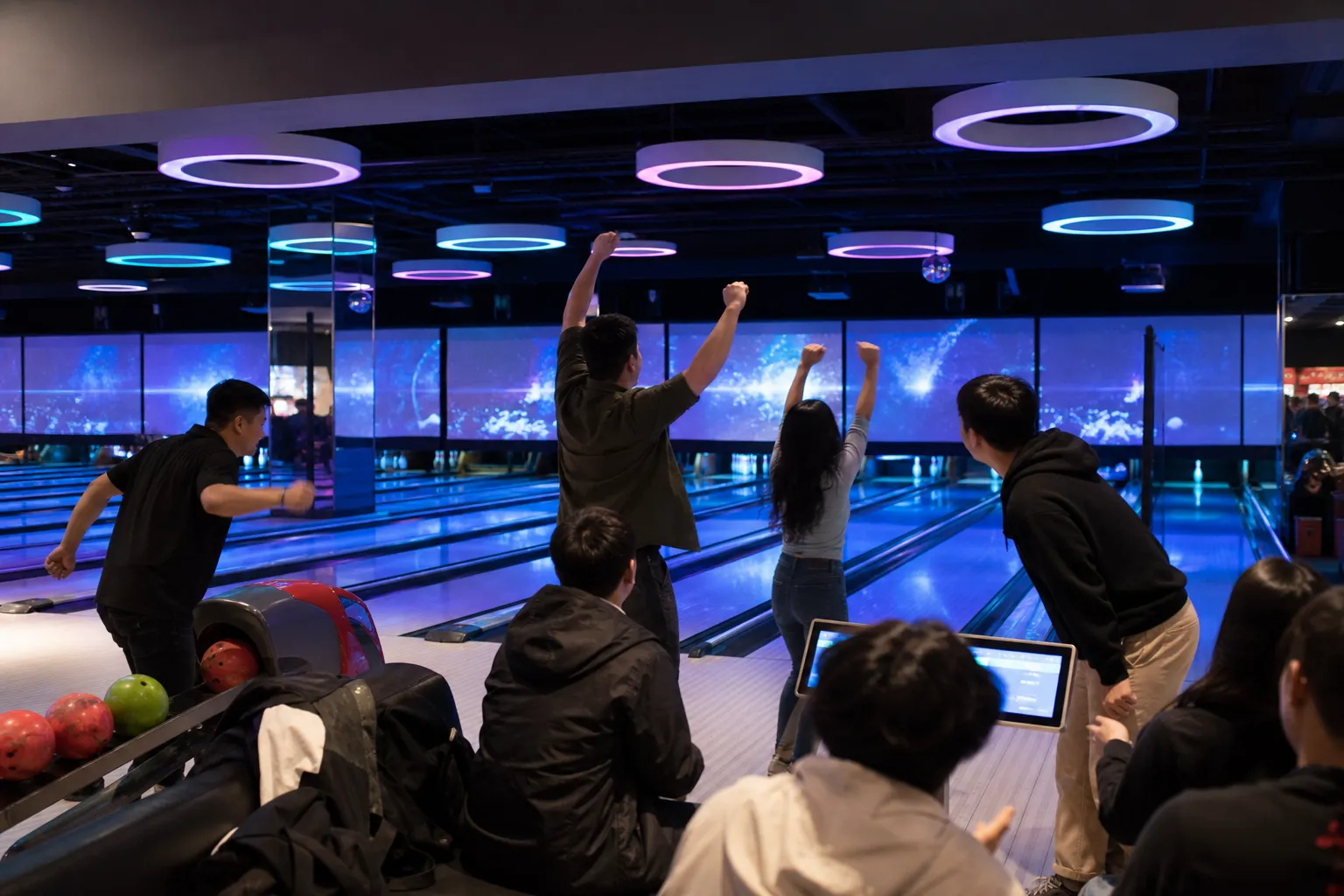 Cosmic bowling lanes with blue neon lighting and interactive projections at Round 1 in NYC.