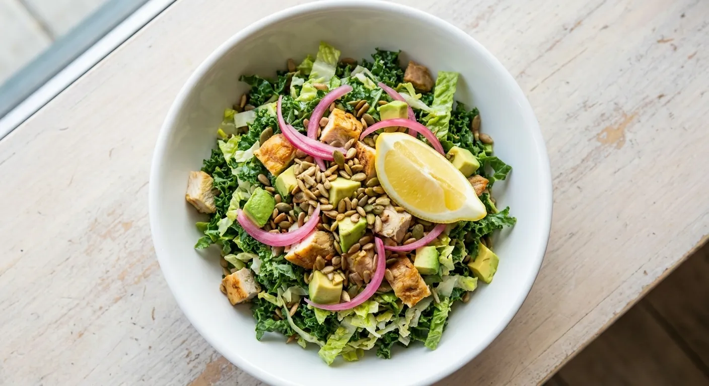 A chopped salad in a white bowl seen from above with shredded greens, roast chicken, avocado, pickled onion and toasted seeds