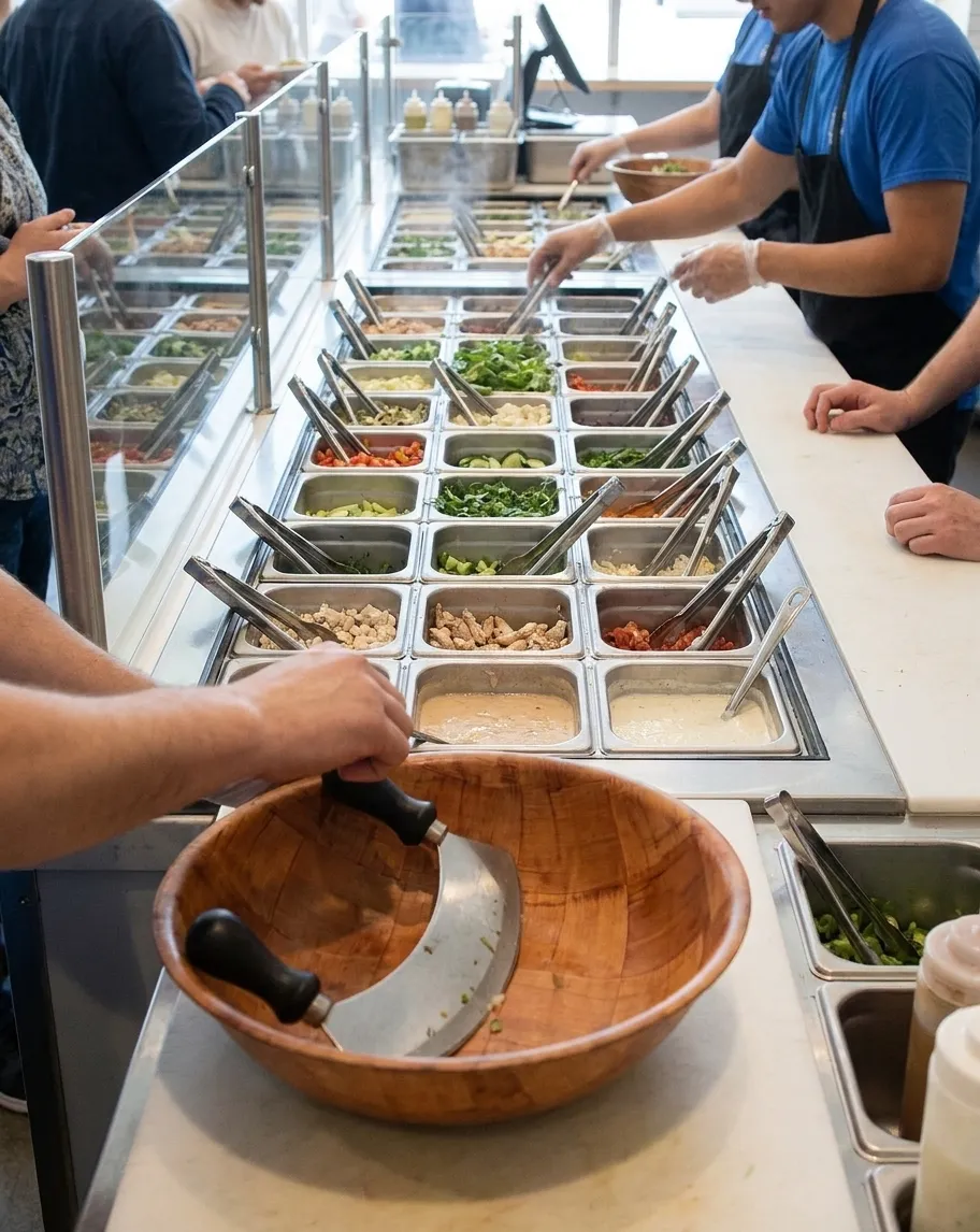 A chopped-salad counter at lunchtime with a long stainless line of ingredient bins behind glass and a wooden bowl on the cutting station