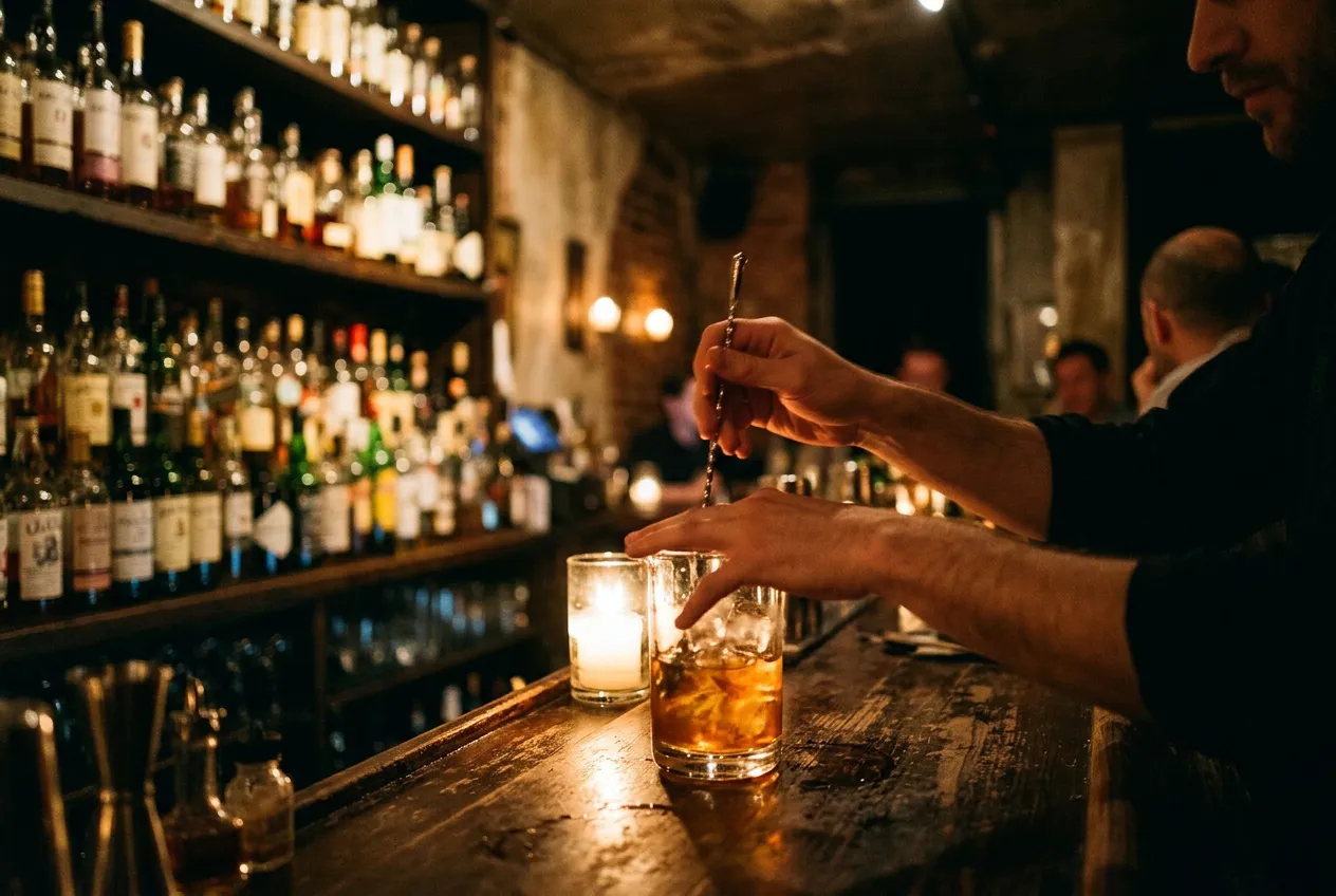 Close view of a bartender's hands stirring a cocktail behind a dim, candlelit bar counter.