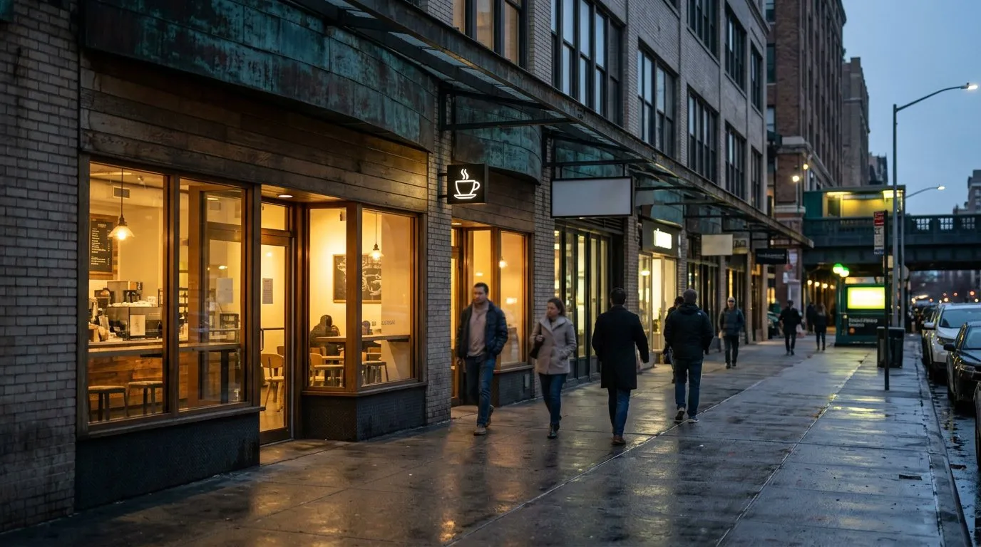 Quiet Chelsea street at dusk with a coffee shop storefront and subway entrance nearby