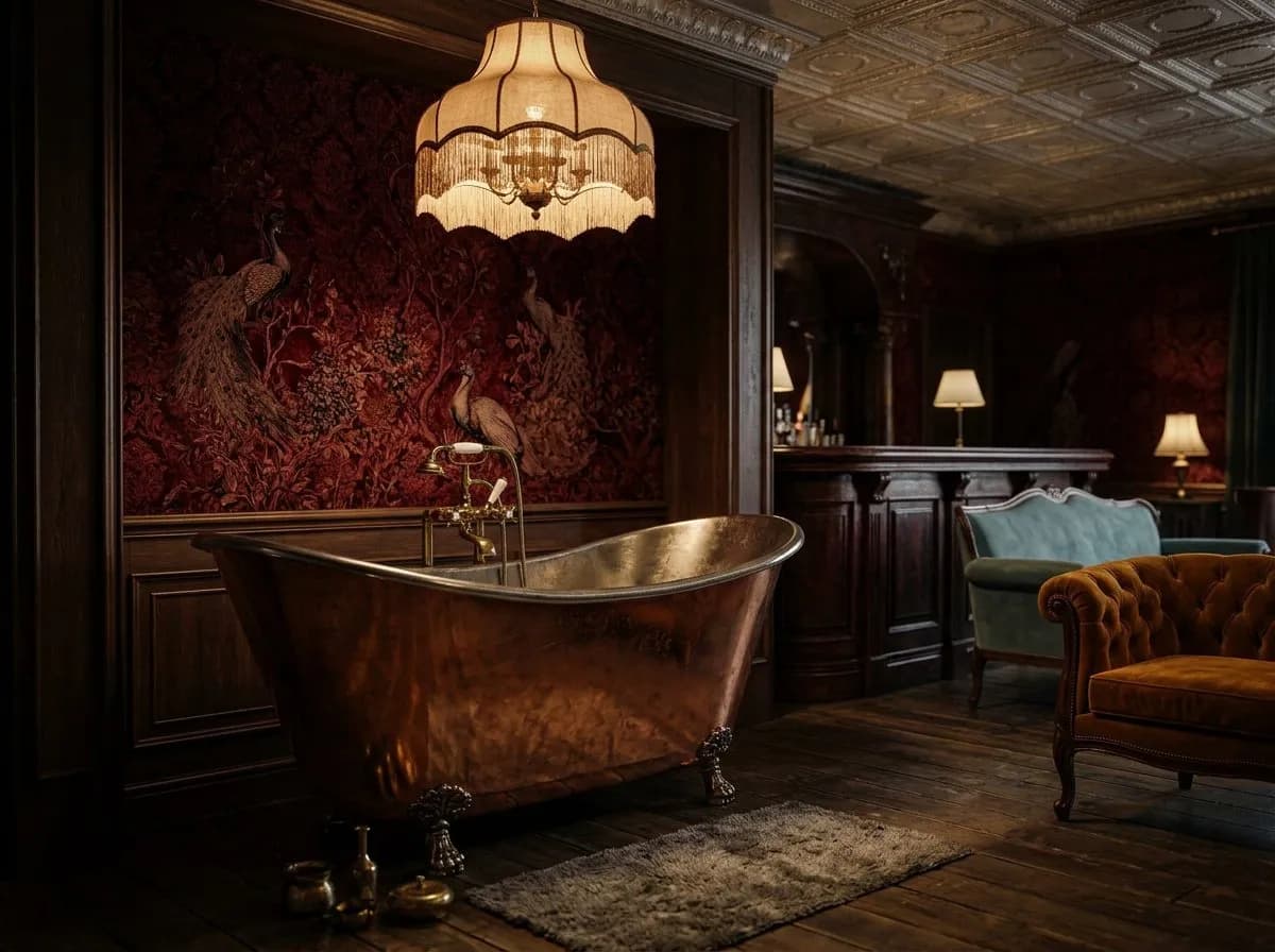 Close view of a copper clawfoot bathtub centerpiece in a dim speakeasy interior