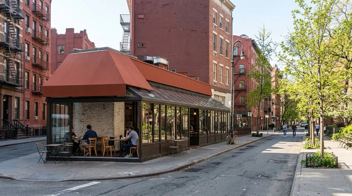 Wide street view of a West Village cafe storefront with sidewalk tables across from a small park