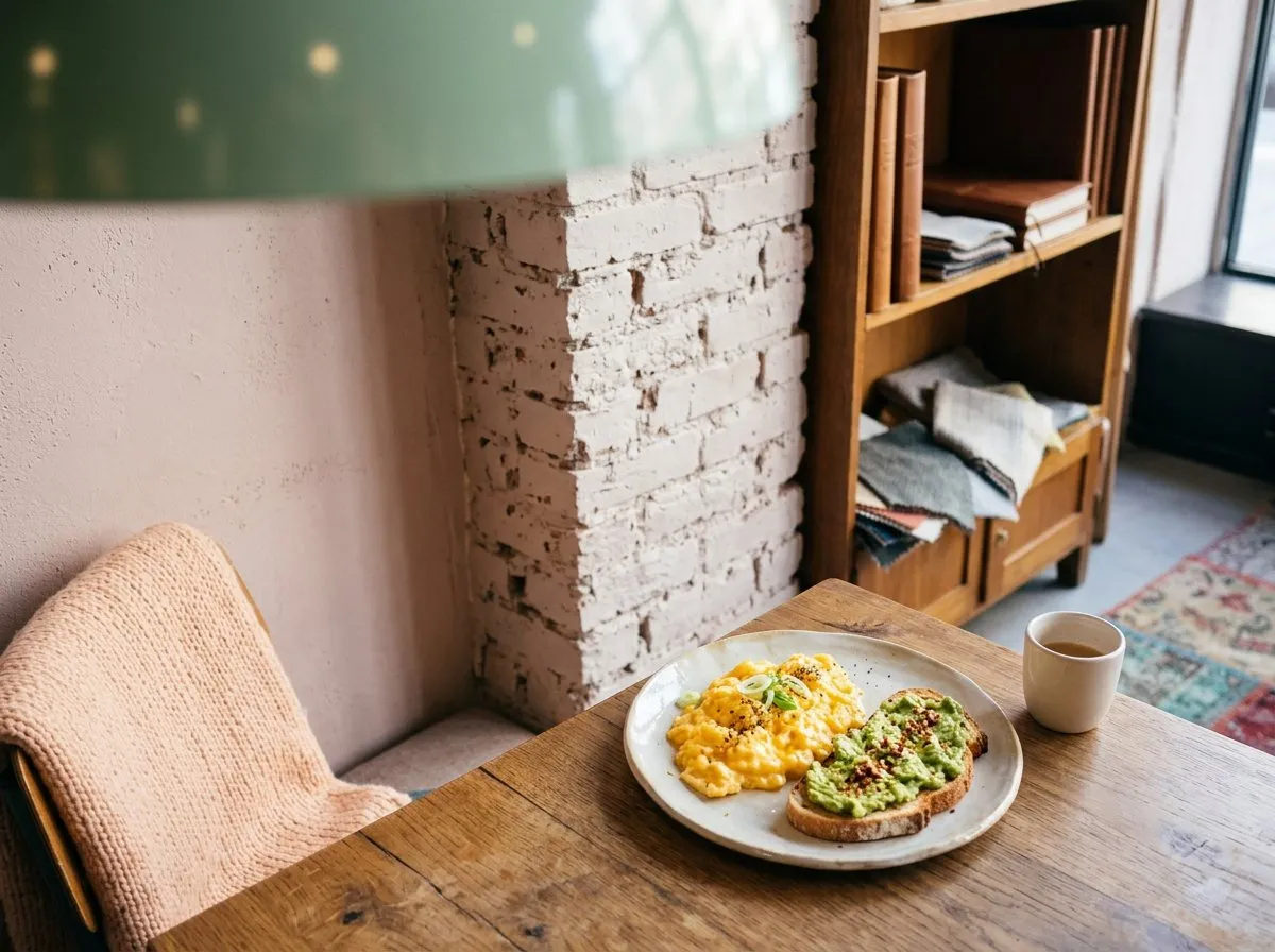 Close view of white brick and pink wall behind a brunch plate of eggs and avocado toast