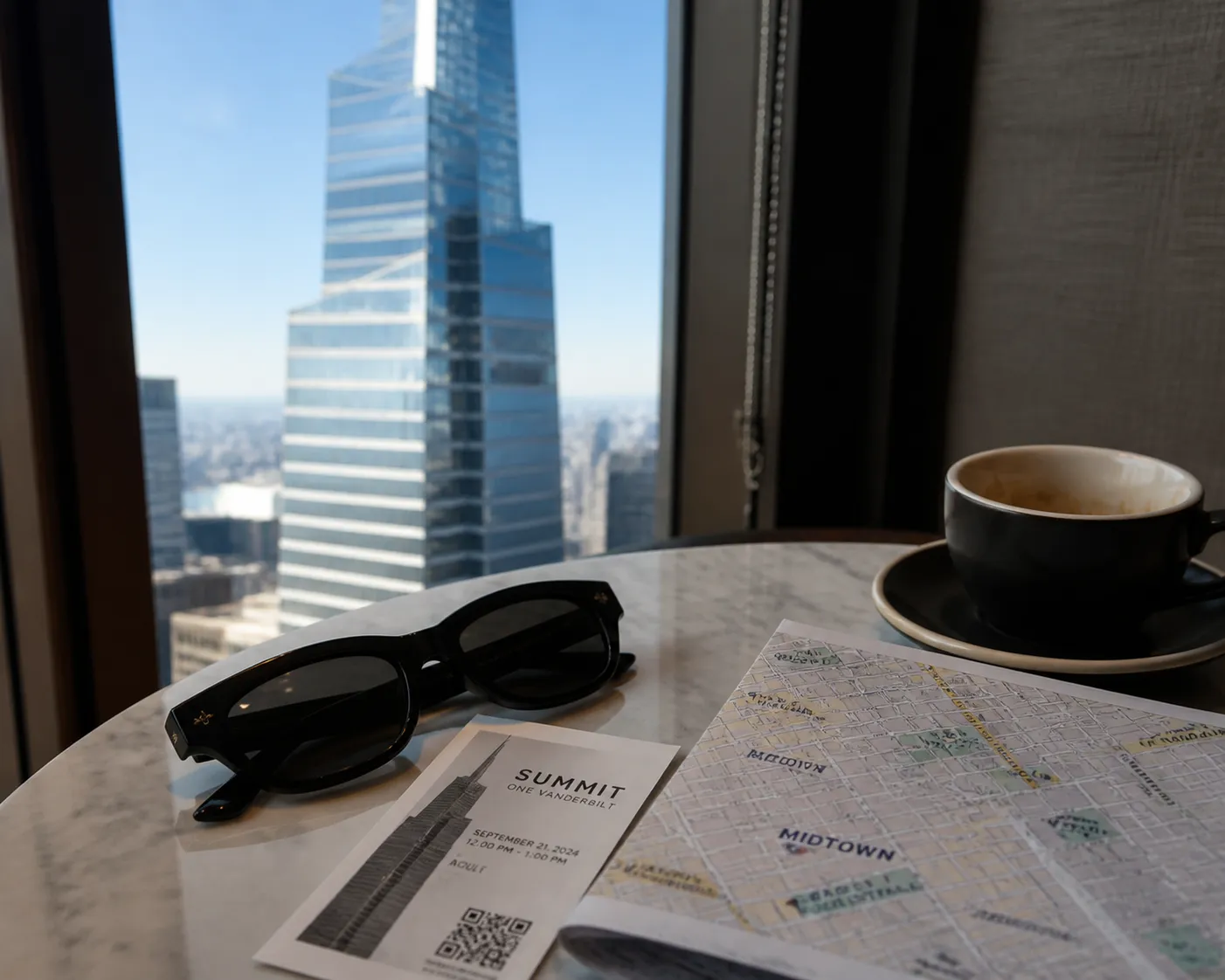 A pair of sunglasses, an admission ticket, and an espresso on a marble table with the glass structure of One Vanderbilt tower visible through the window.