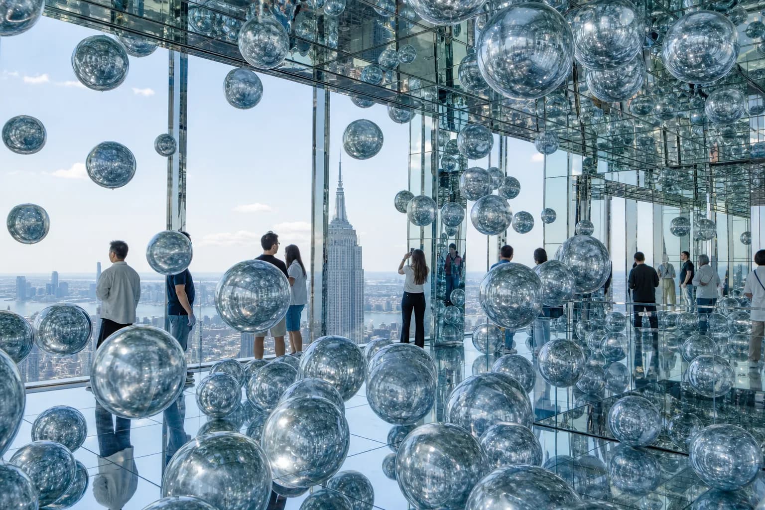 Metallic silver balloons floating inside the glass-walled Affinity room with the Empire State Building in the background.