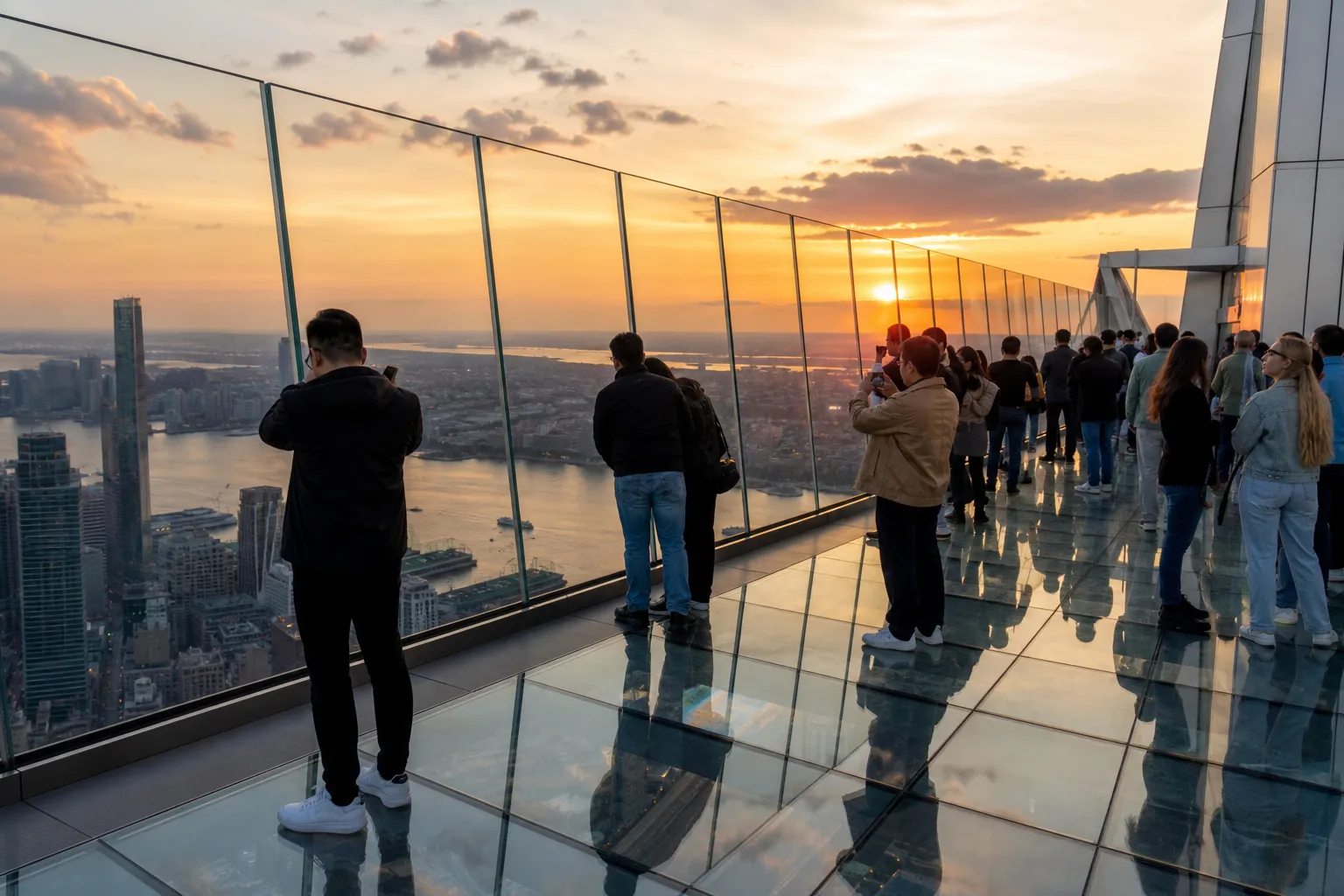 Wide landscape view of the triangular glass sky deck of The Edge protruding from a glass skyscraper over Manhattan at sunset.