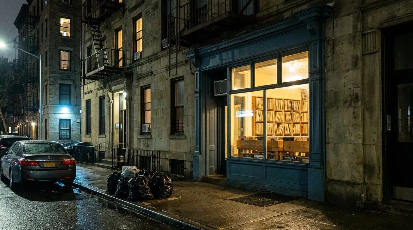 Small record shop storefront glowing at night on a quiet East Village street
