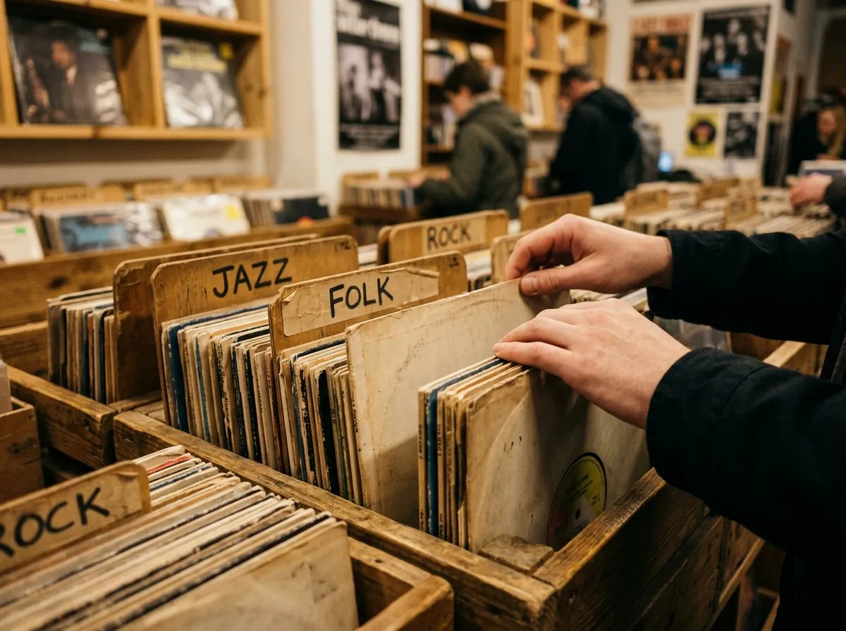 Close-up of hands flipping through crates of used vinyl records