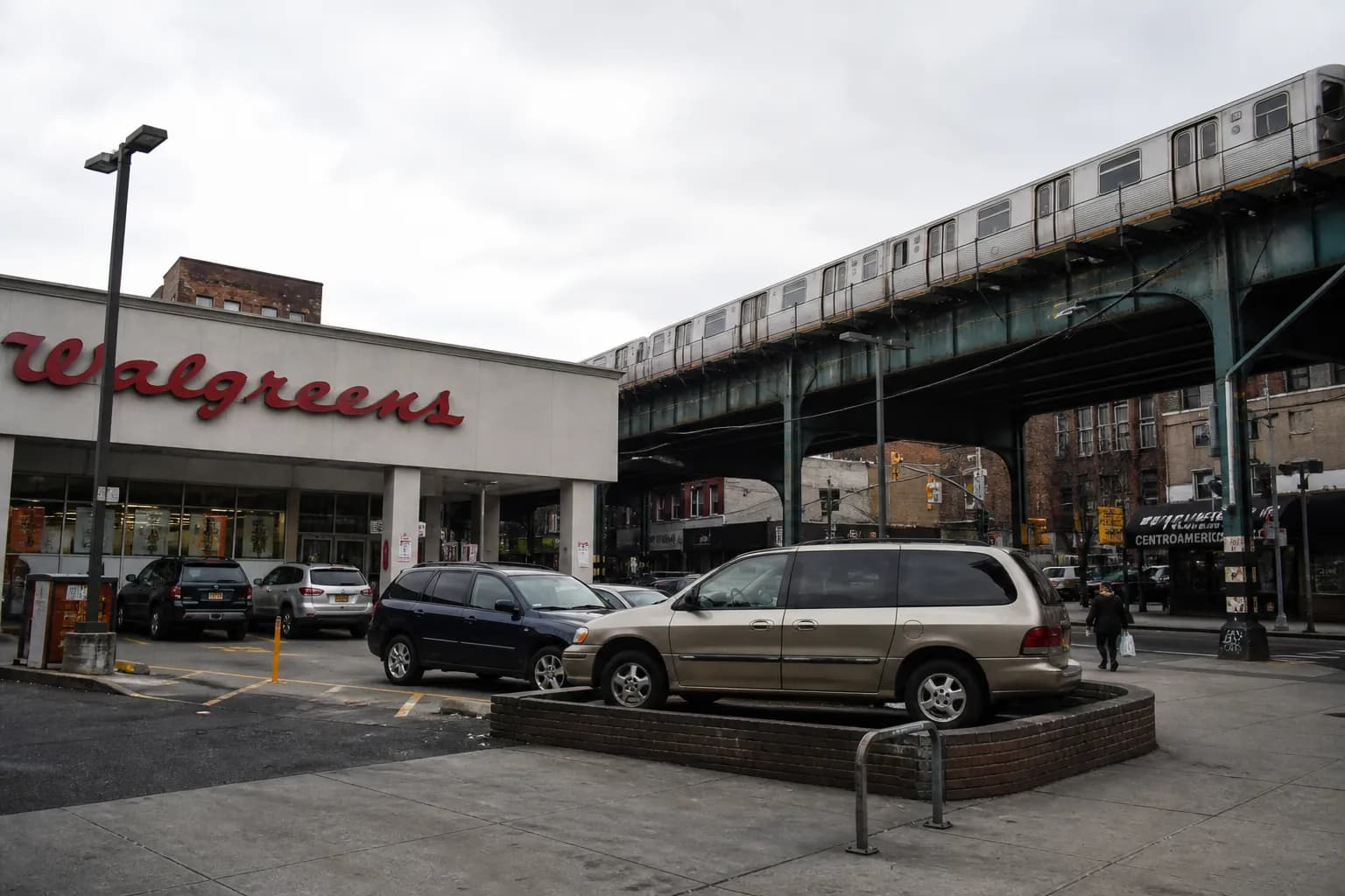 The Williamsburg Walgreens storefront featuring its rare customer parking lot.
