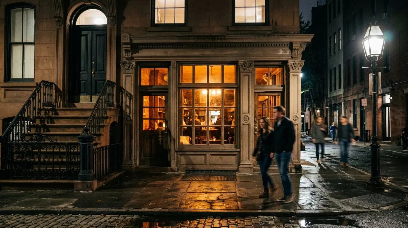 Warm-lit ground-floor wine bar window on a quiet Manhattan townhouse block at night
