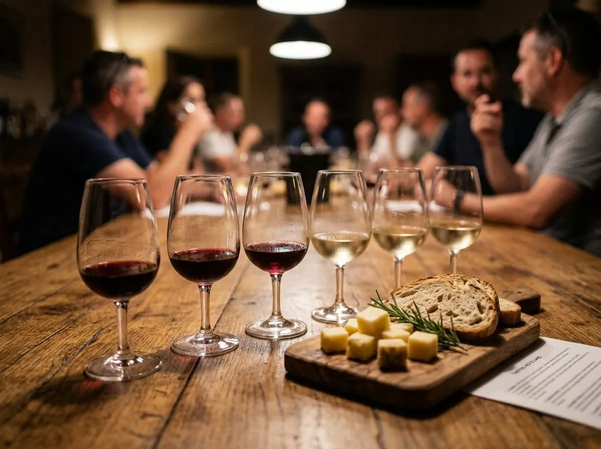 Six small wine pours and a cheese board arranged on a wood communal table