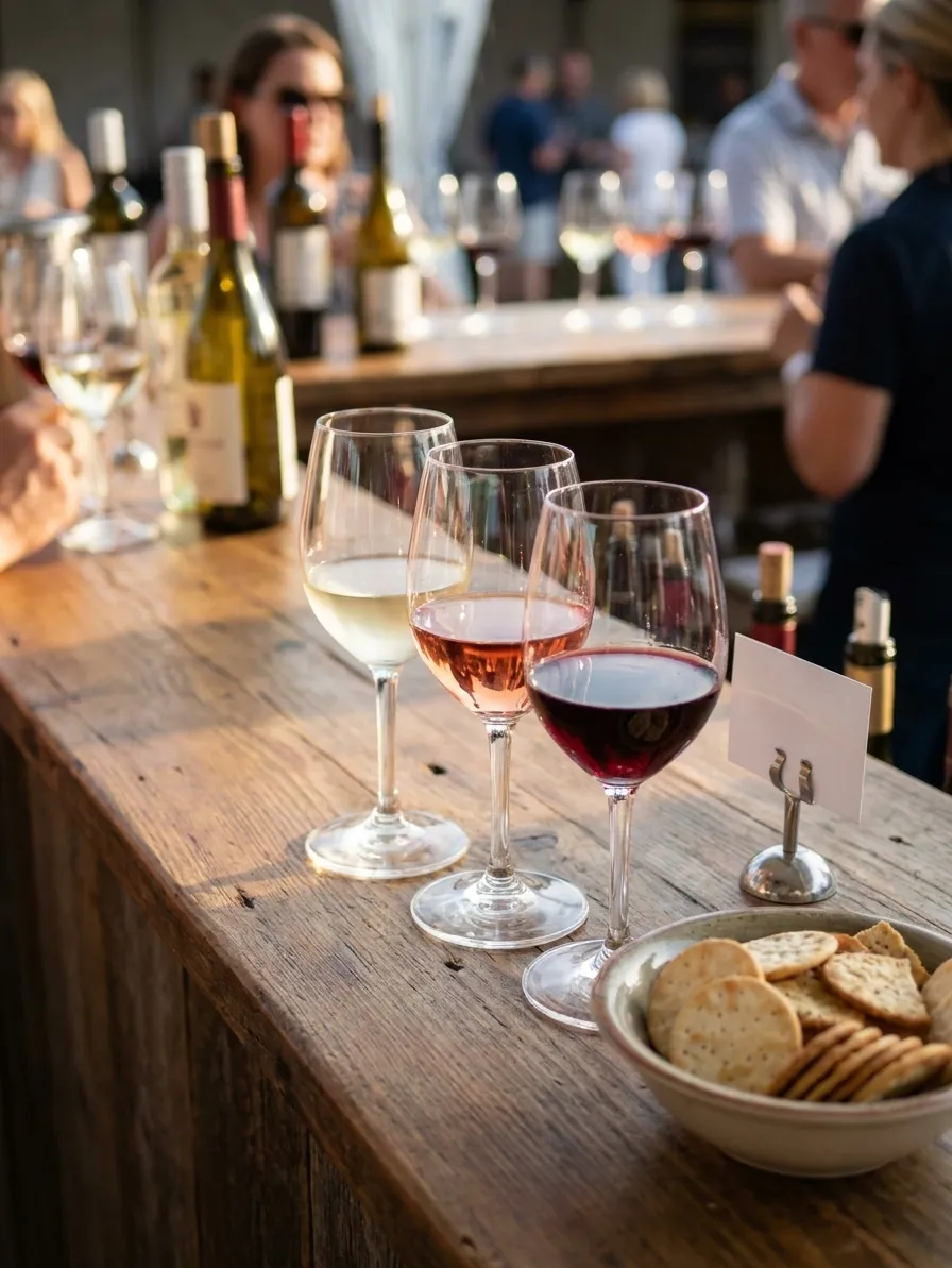 A flight of three wine glasses on a wooden bar, each with a different depth of colour, beside a small card holder