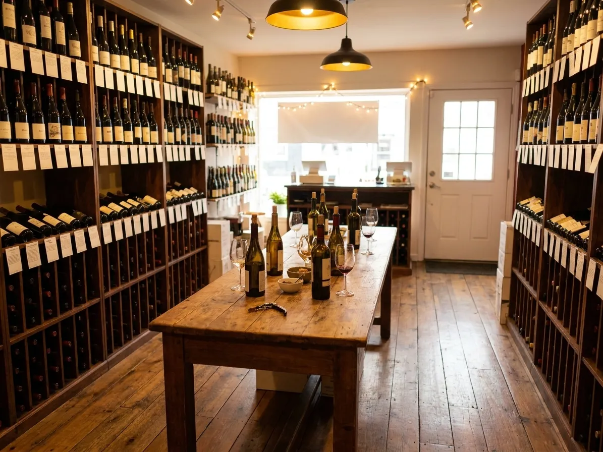 A small wine shop interior with floor-to-ceiling racks of bottles and a wooden tasting table in the centre holding open bottles and glasses