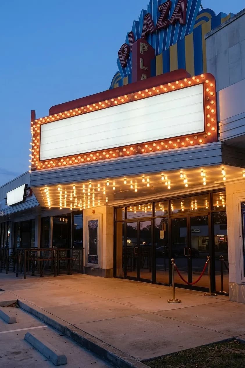 A theatre entrance at dusk with rows of bare bulbs around a blank unlettered marquee panel and glass doors reflecting the street