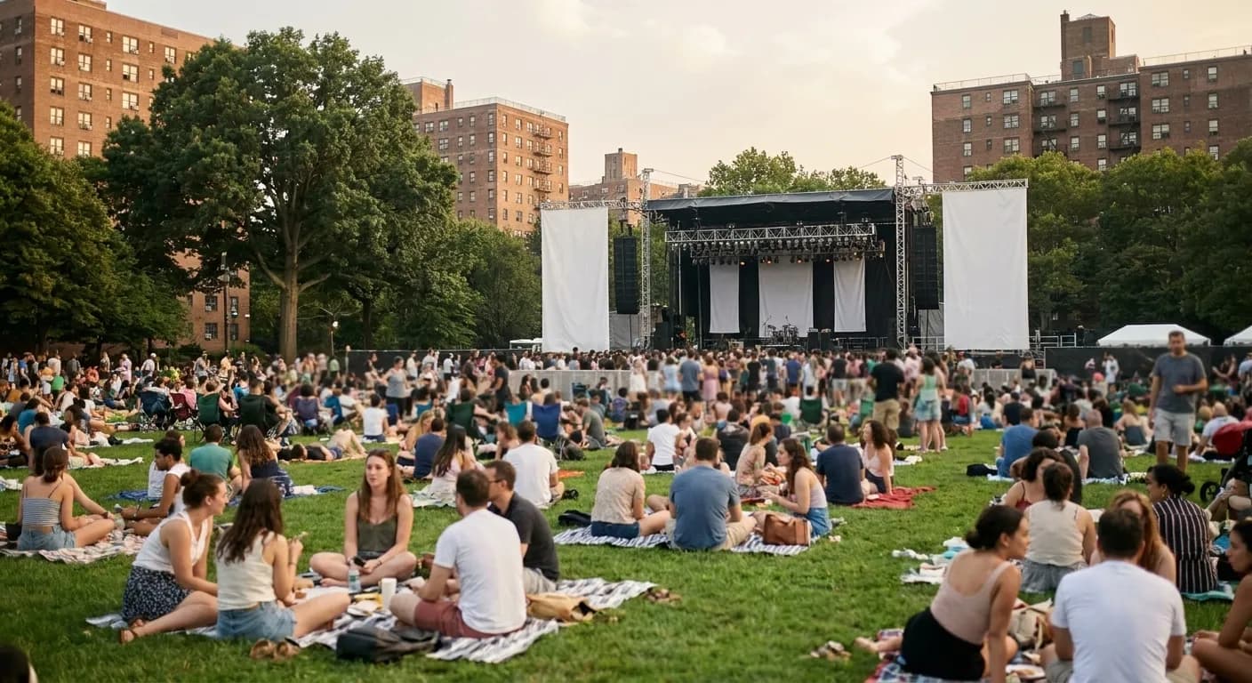 A crowd gathered on grass in a New York park on a weekend afternoon with picnic blankets and a distant stage rig with blank banners