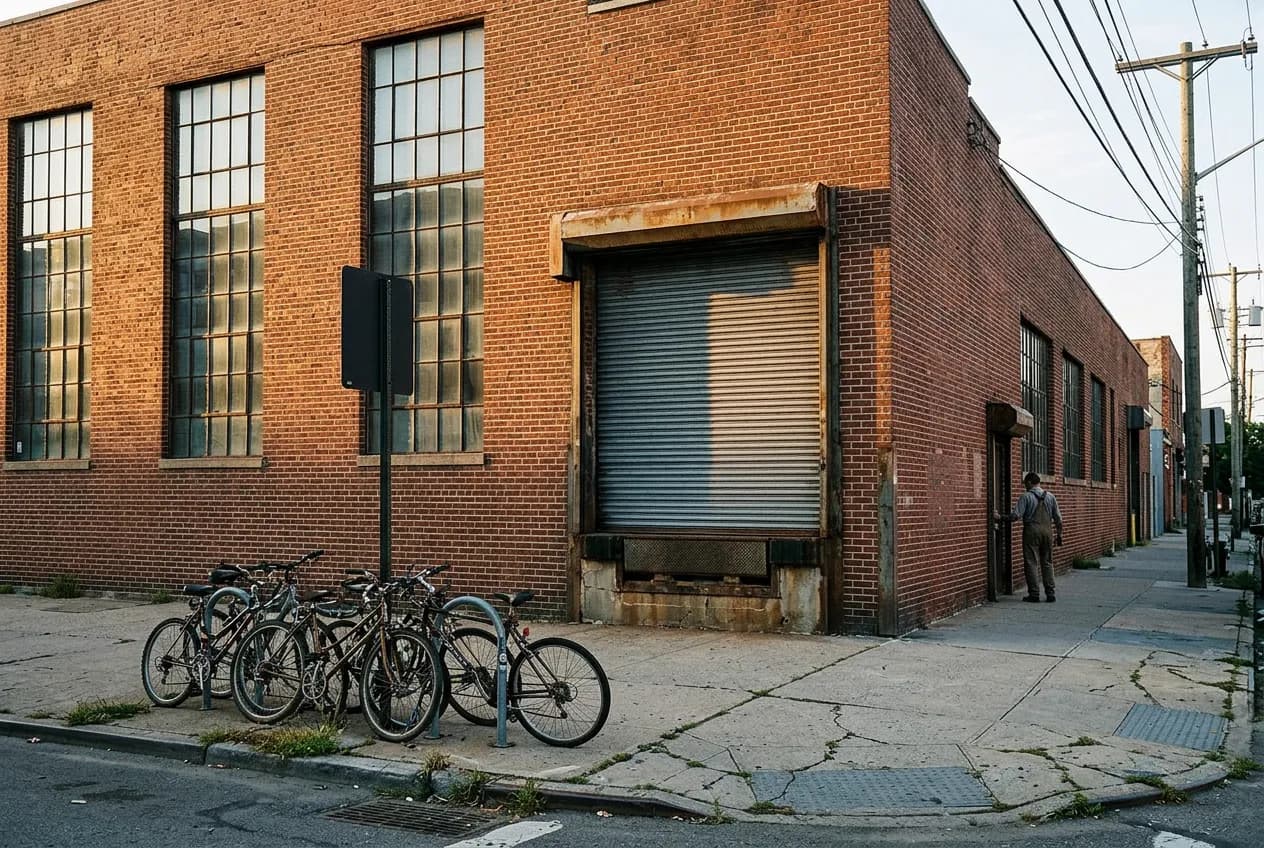 Brick warehouse facade on a Williamsburg street corner with morning light and industrial windows, no visible signage