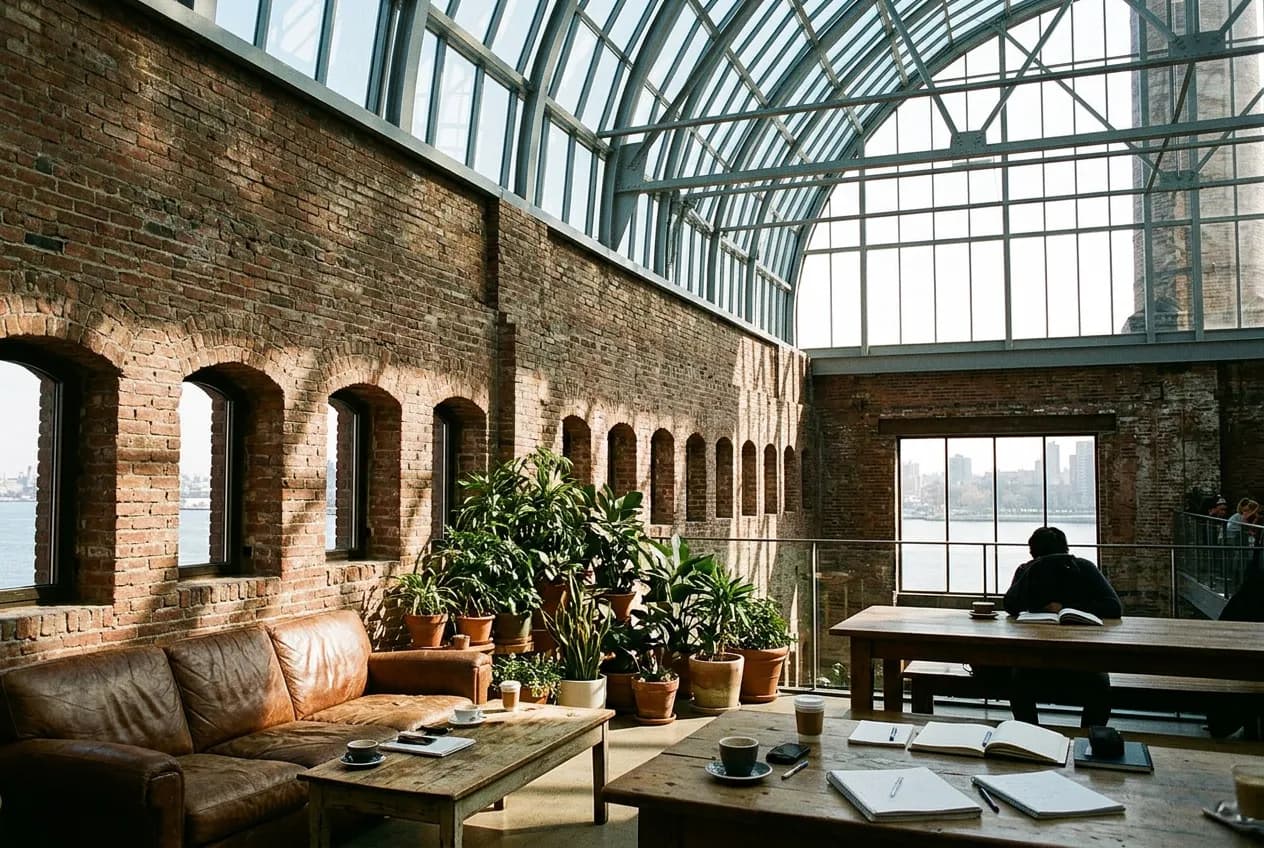 Sunlit café interior with leather couches, potted plants, and a glass skylight roof over wooden tables