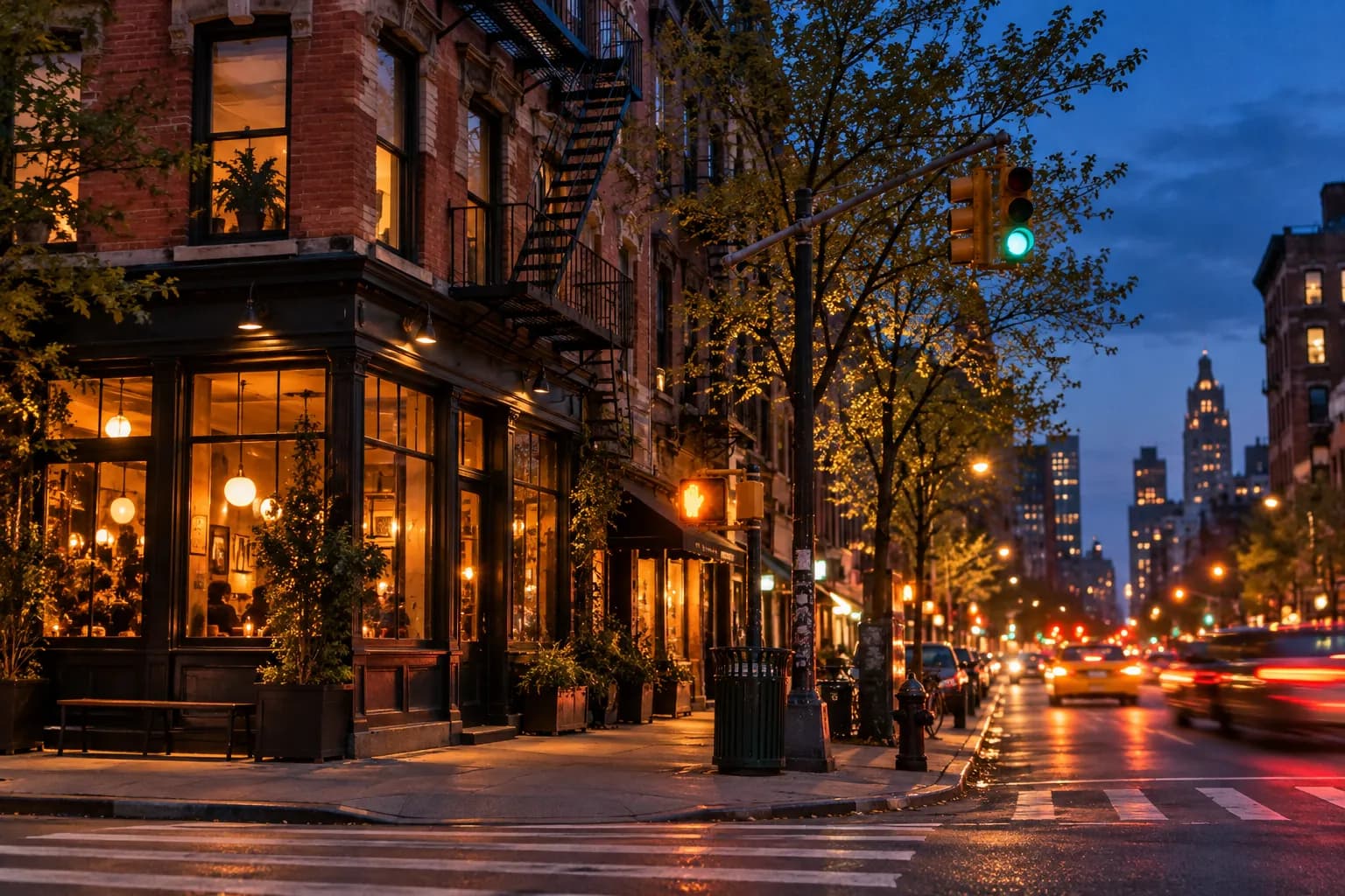 A Nolita street corner at dusk with a first-floor window above the pavement