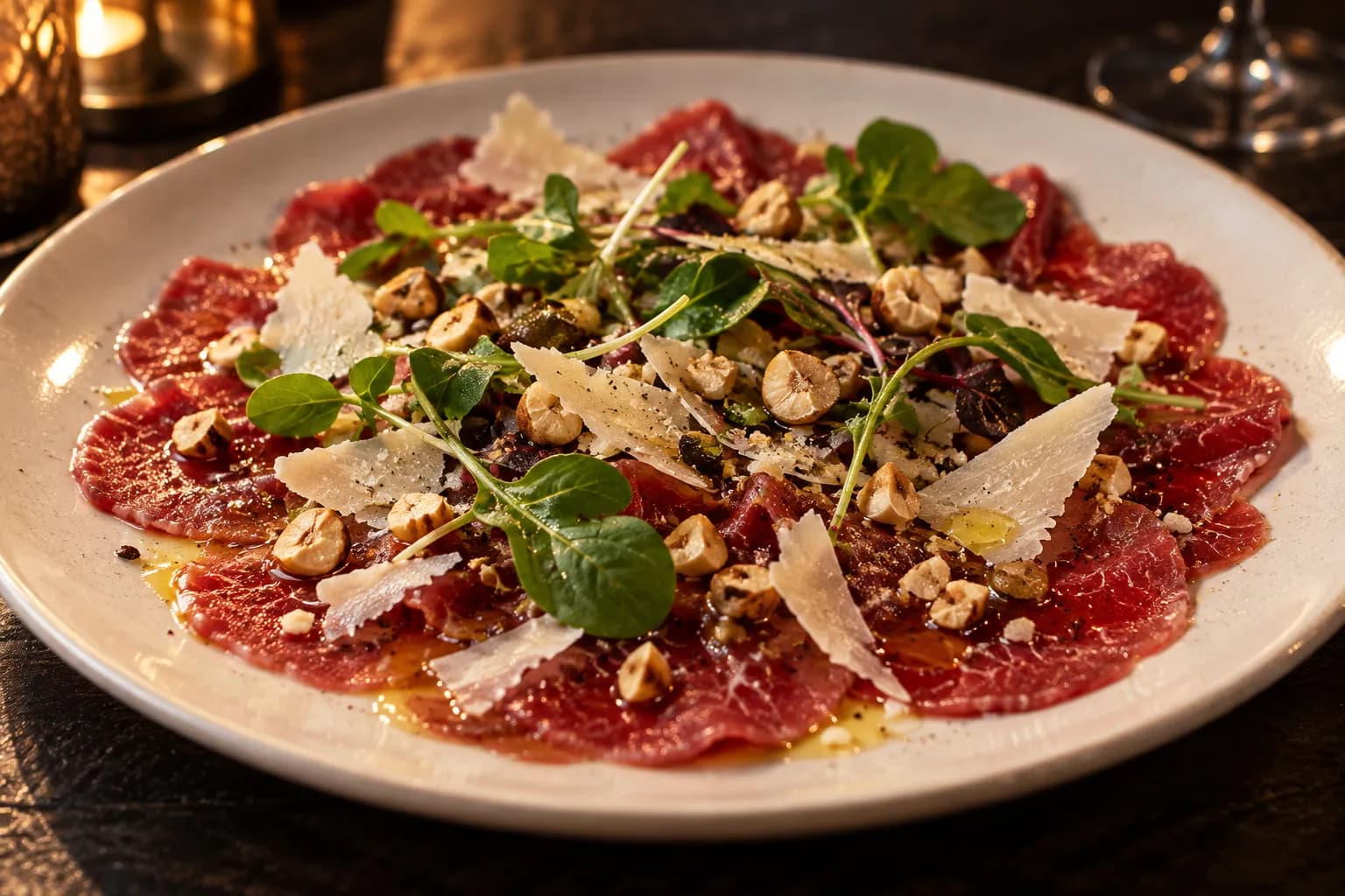 A plate of thinly sliced raw beef with cheese and greens