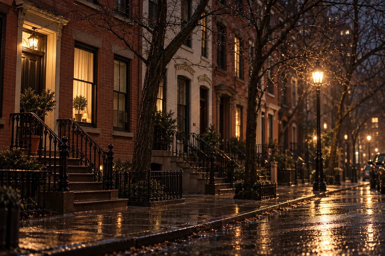 A West Village corner at night with brick townhouses and a lit window