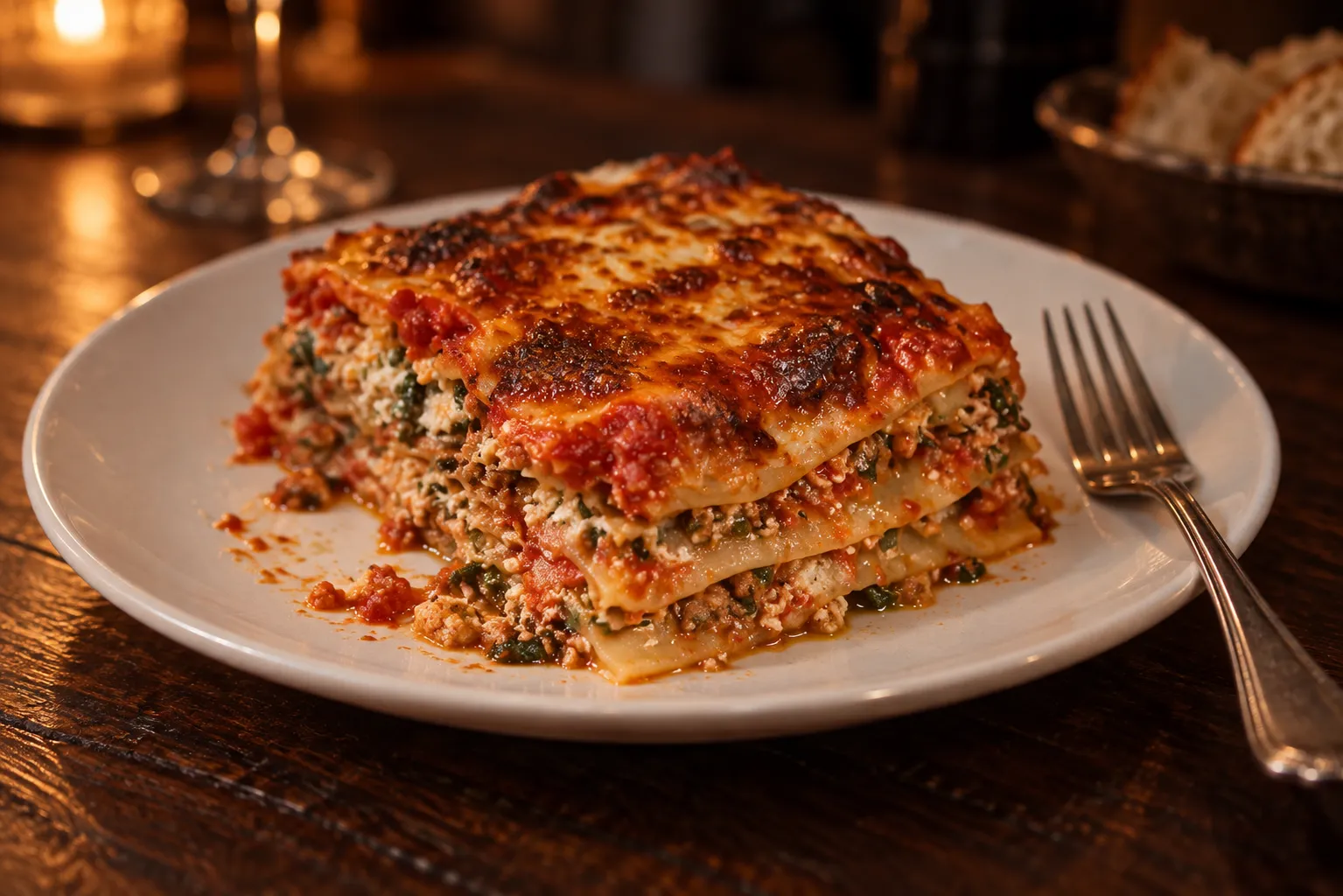 A slice of many-layered lasagna on a plain white plate