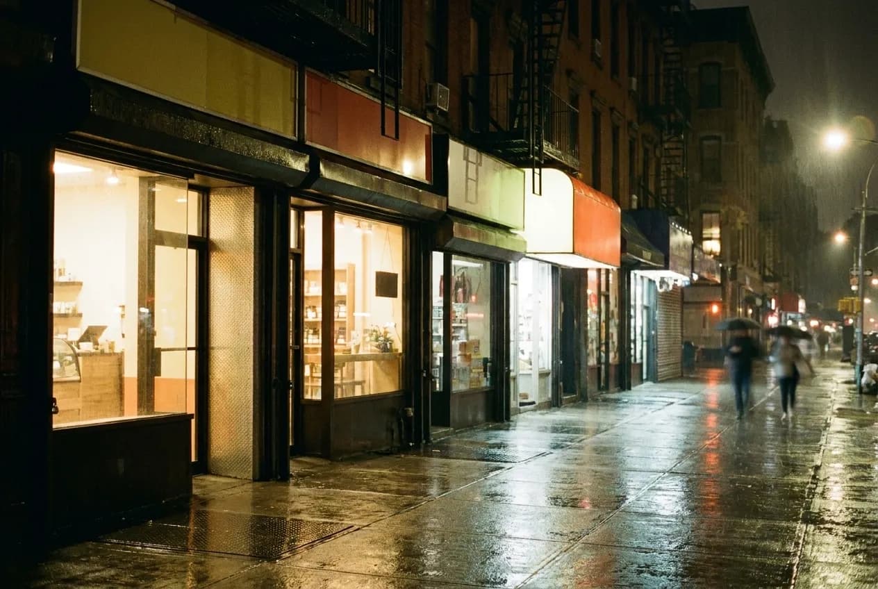 A run of lit East Village storefronts on a wet avenue well after midnight