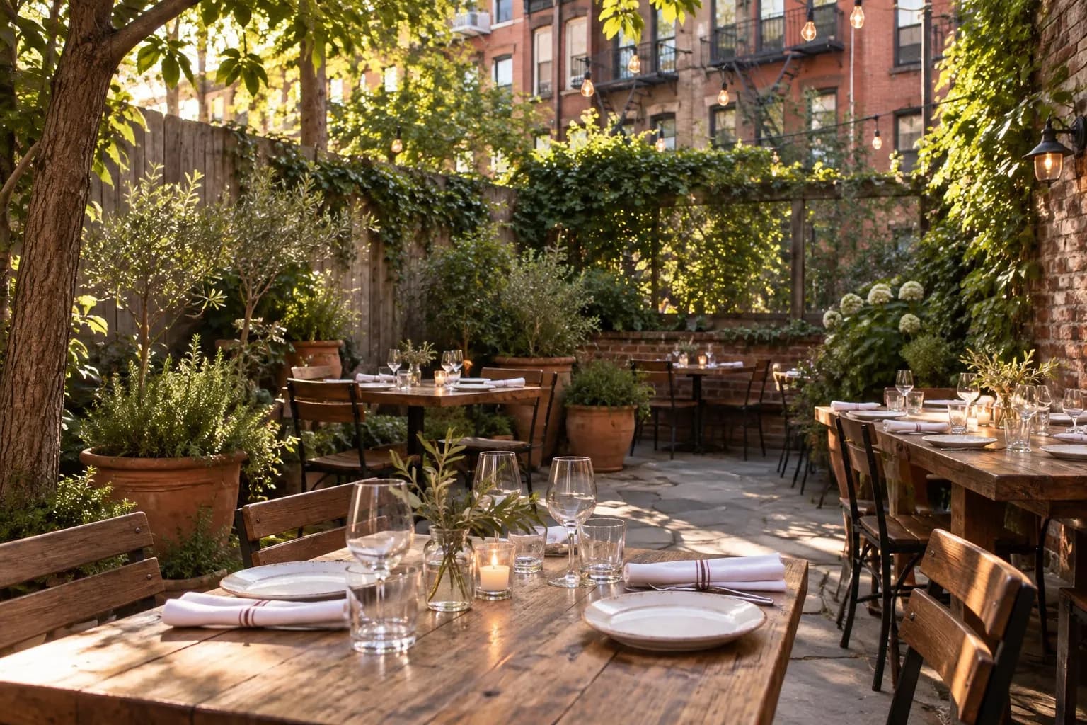 Leafy rear garden with wood tables and white settings behind Frankies 457 Spuntino in Carroll Gardens, Brooklyn