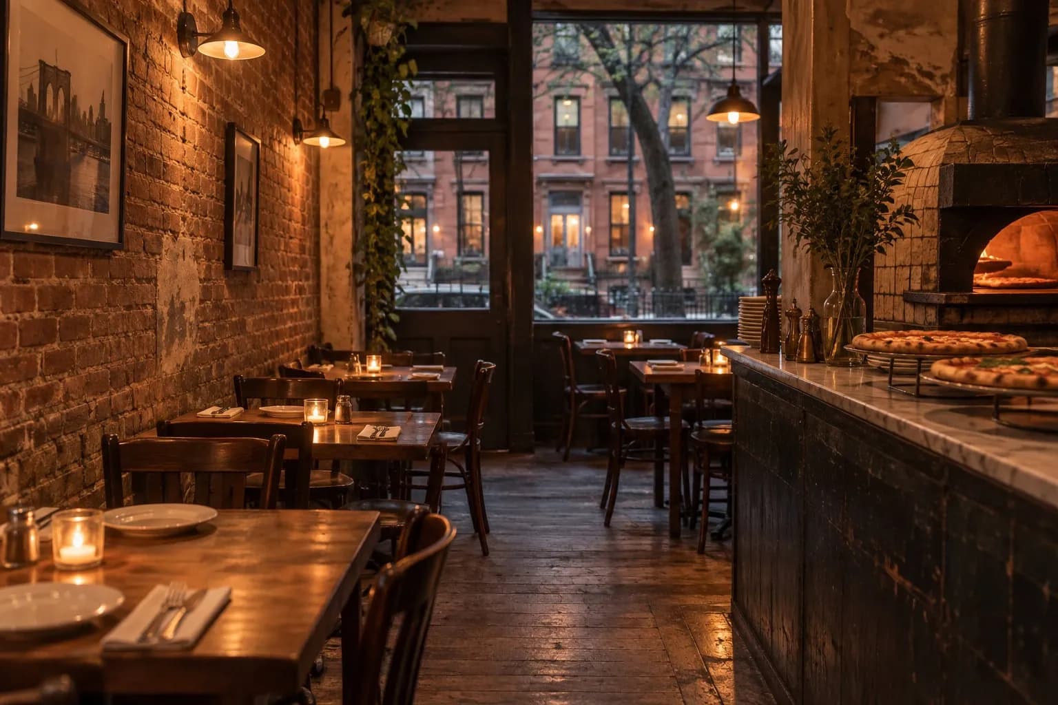Small intimate pizza dining room at Lucali in Carroll Gardens with simple tables and warm interior light