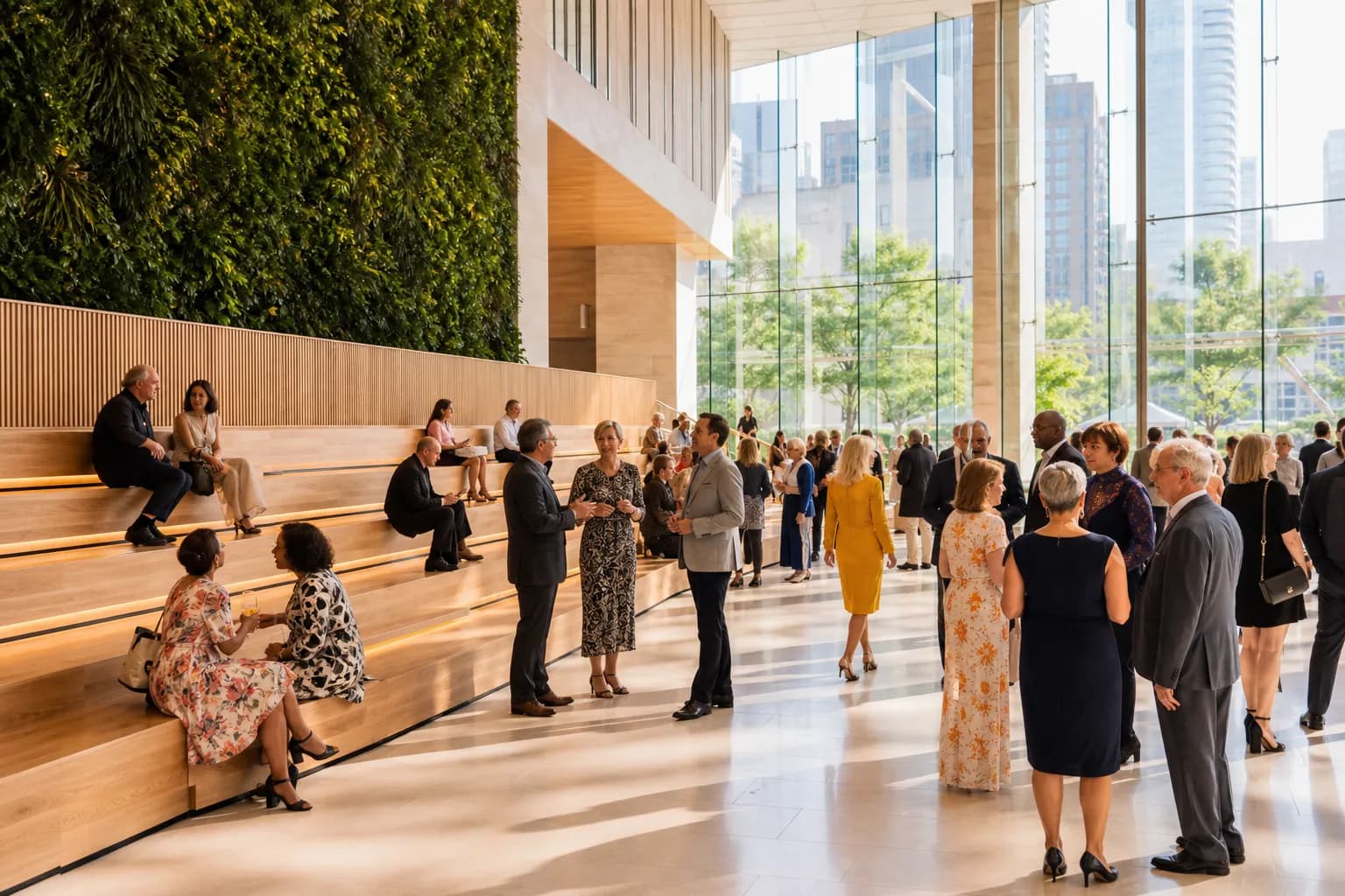 A bright public arts atrium in NYC with greenery, seating, and summer daylight