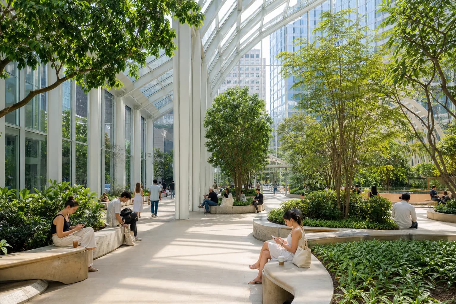 A bright indoor public atrium in NYC with greenery, seating, and warm summer daylight