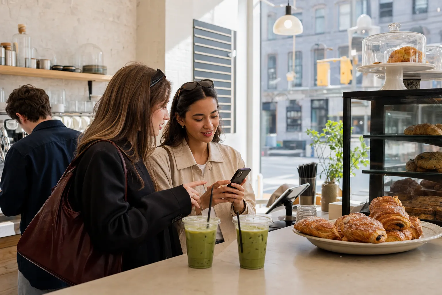 Bright NYC cafe counter with iced matcha and route planning