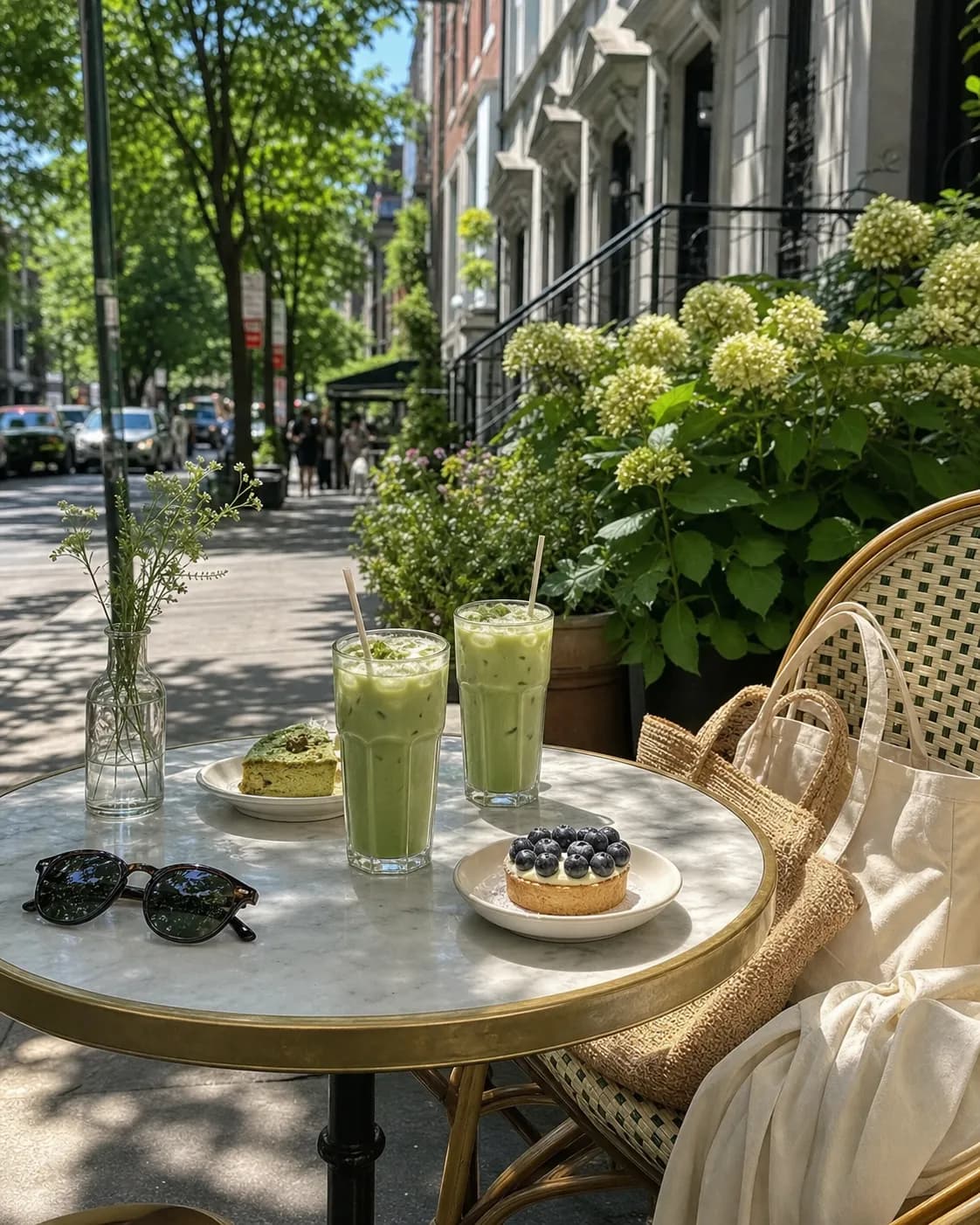 Sunny sidewalk table with iced matcha and small desserts