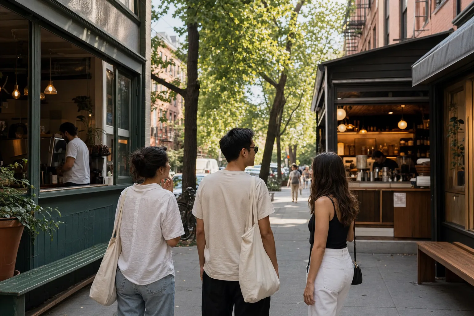 Friends choosing a cafe cooldown route on a leafy street