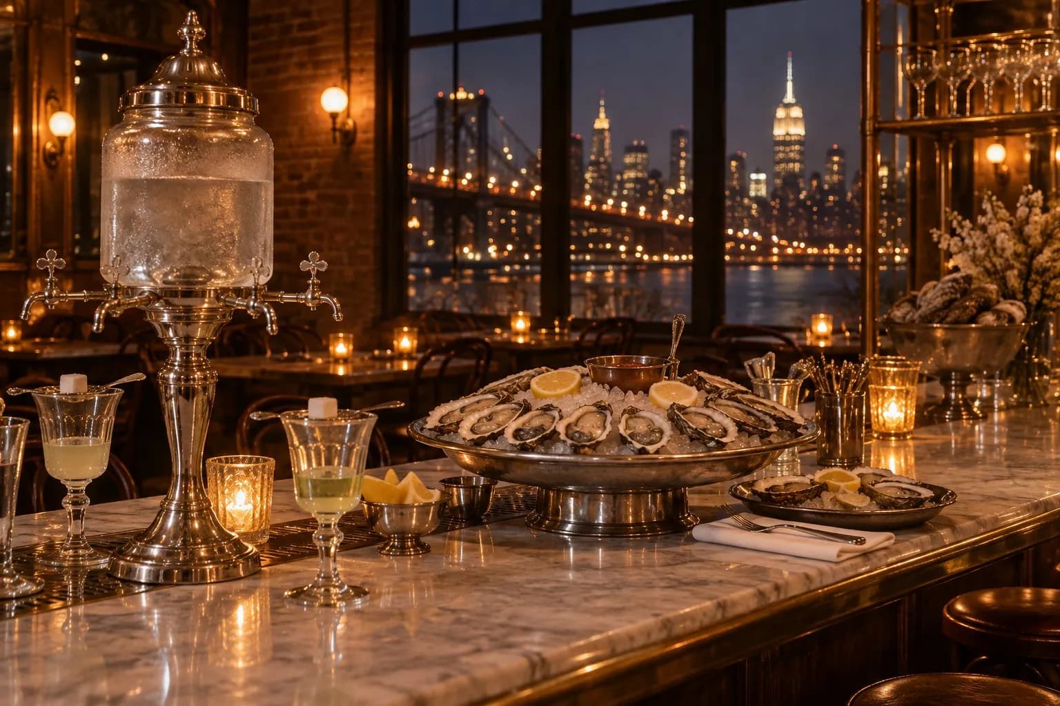 Marble-topped oyster bar with an absinthe fountain and warm evening light inside Maison Premiere in Williamsburg