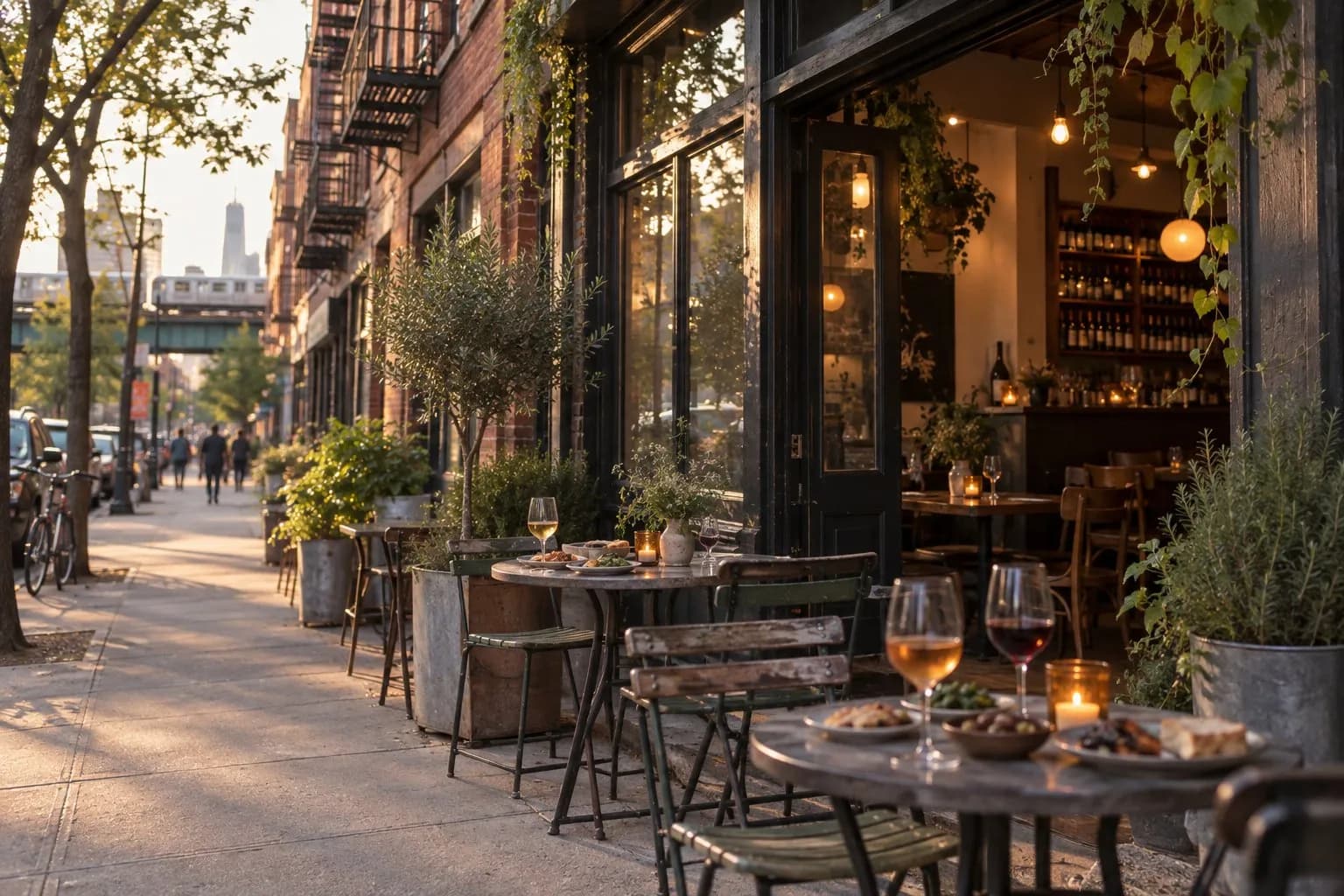 Outdoor patio and natural-wine bar setting at The Ten Bells Brooklyn in Bushwick during early evening happy hour