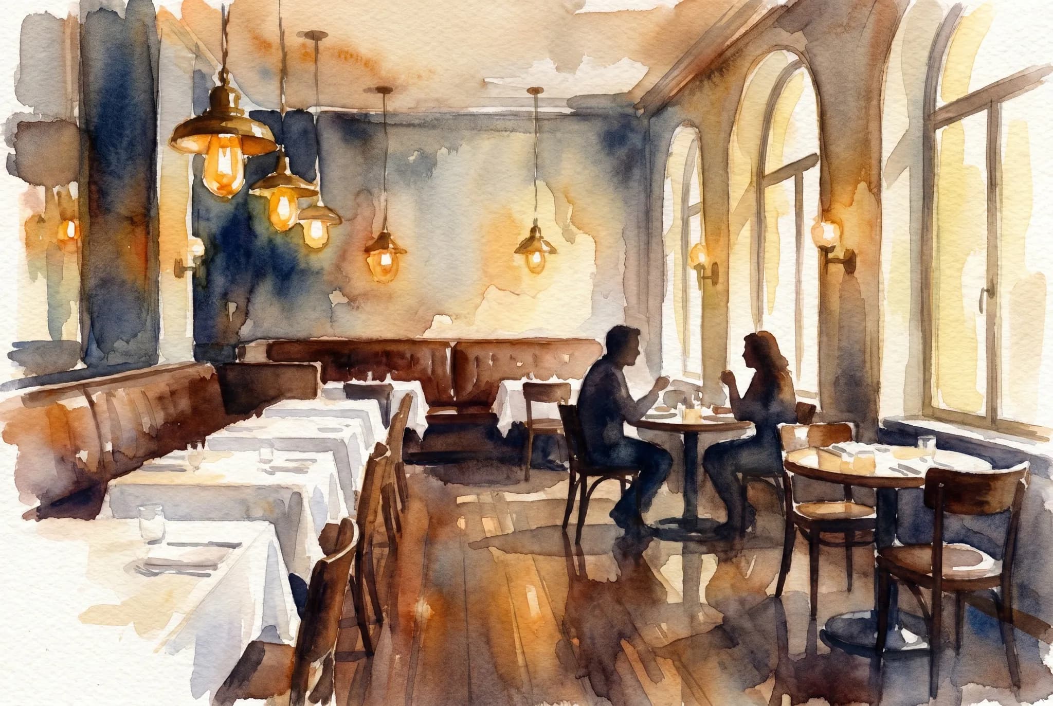 AI-generated watercolor: chef's counter view at a fine-dining NYC restaurant — polished marble counter with two empty place settings (linen napkin, single porcelain plate with seared scallops, coupe of white wine, fresh herb sprig), an out-of-focus silhouetted cook in chef whites at the open kitchen behind, warm pendant lighting overhead, soft bokeh of brass and copper kitchen behind, close shot from a diner's seat