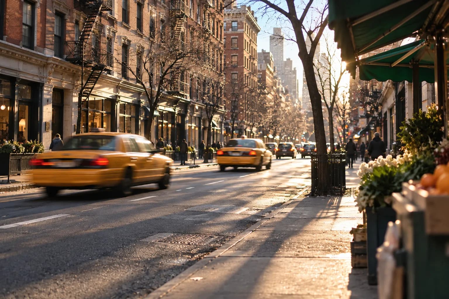 A Union Square block in New York on a bright weekday morning