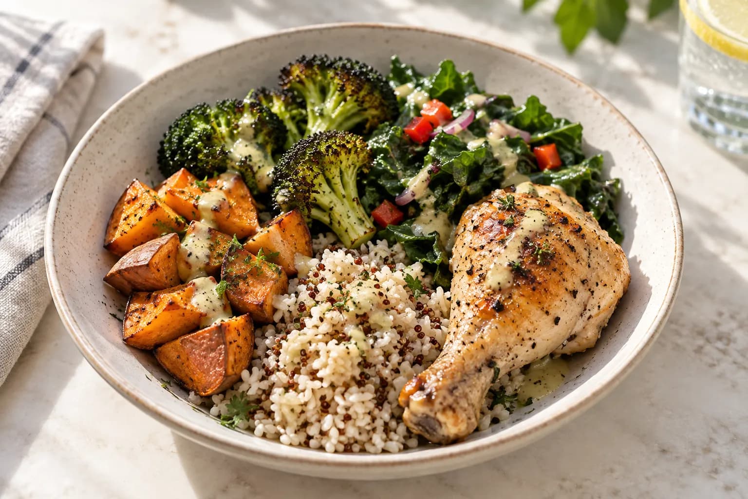 A bowl of roasted vegetables, grains and greens on a counter