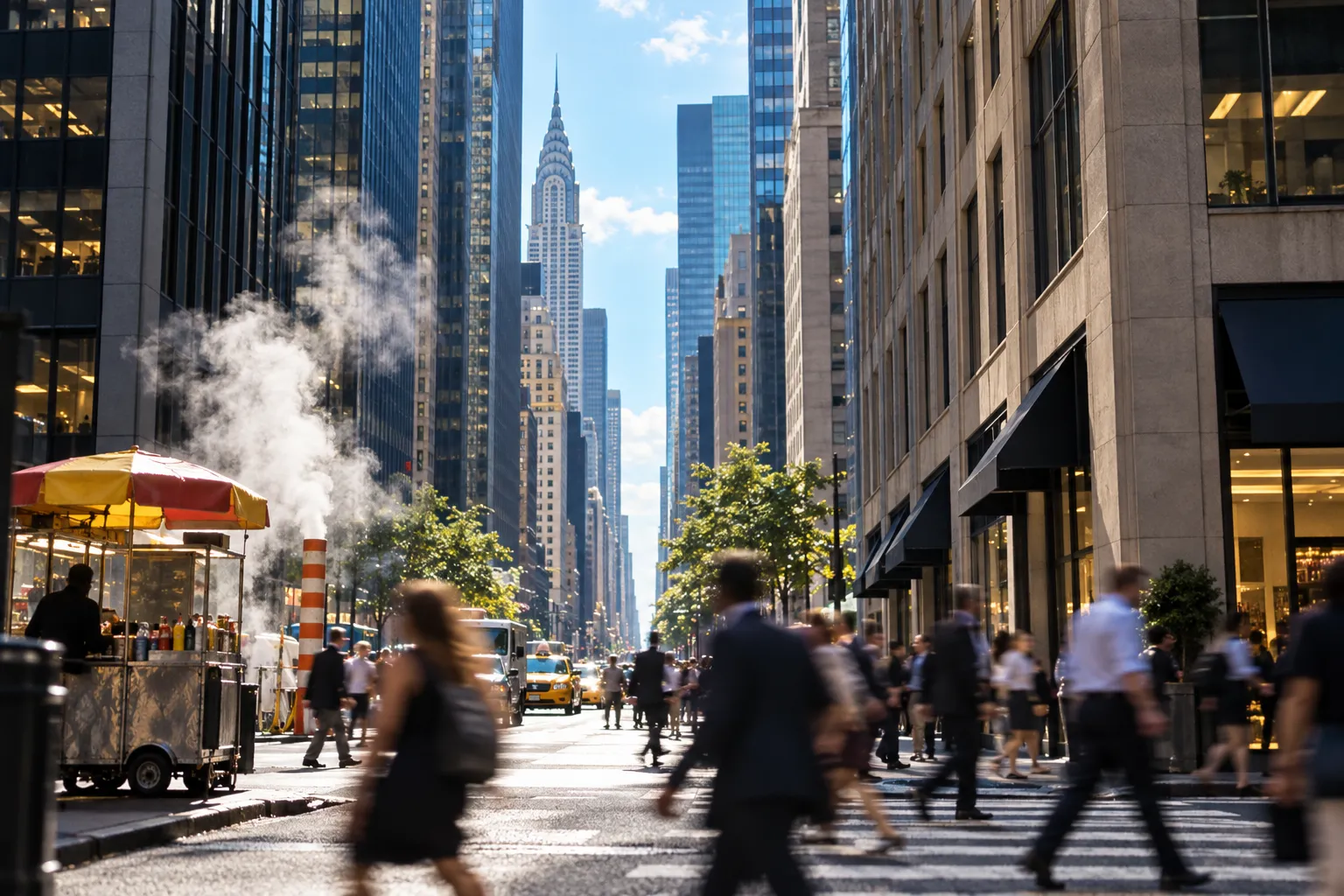 A Midtown Manhattan side street with tall buildings in daylight