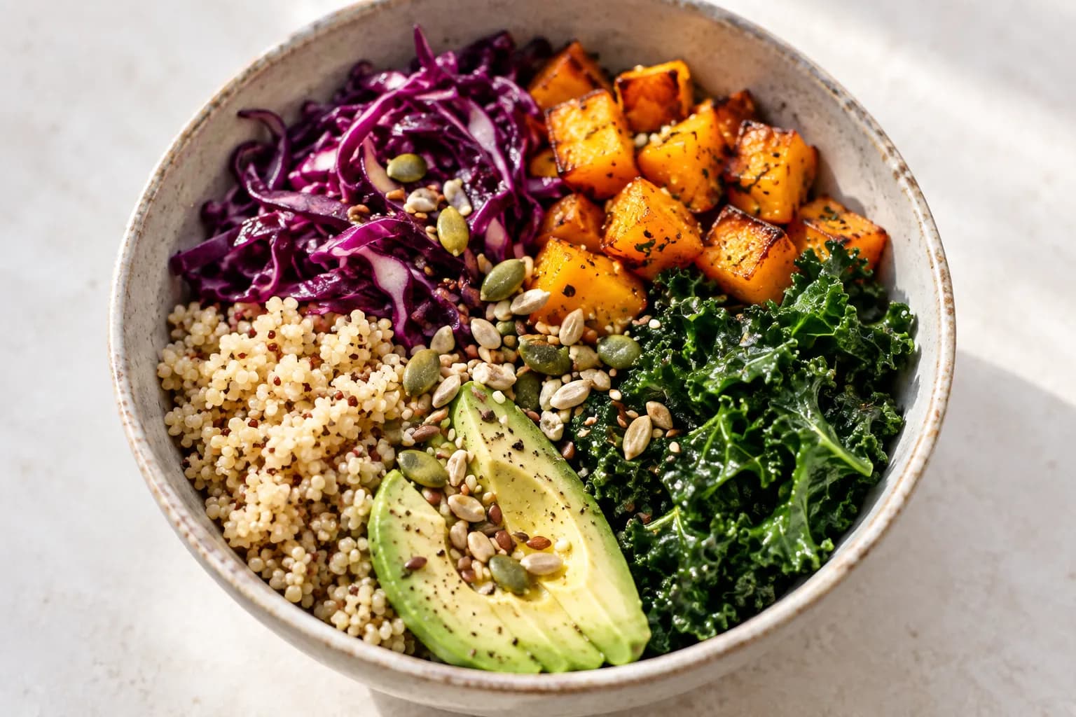 A colourful bowl of grains, greens and roasted vegetables