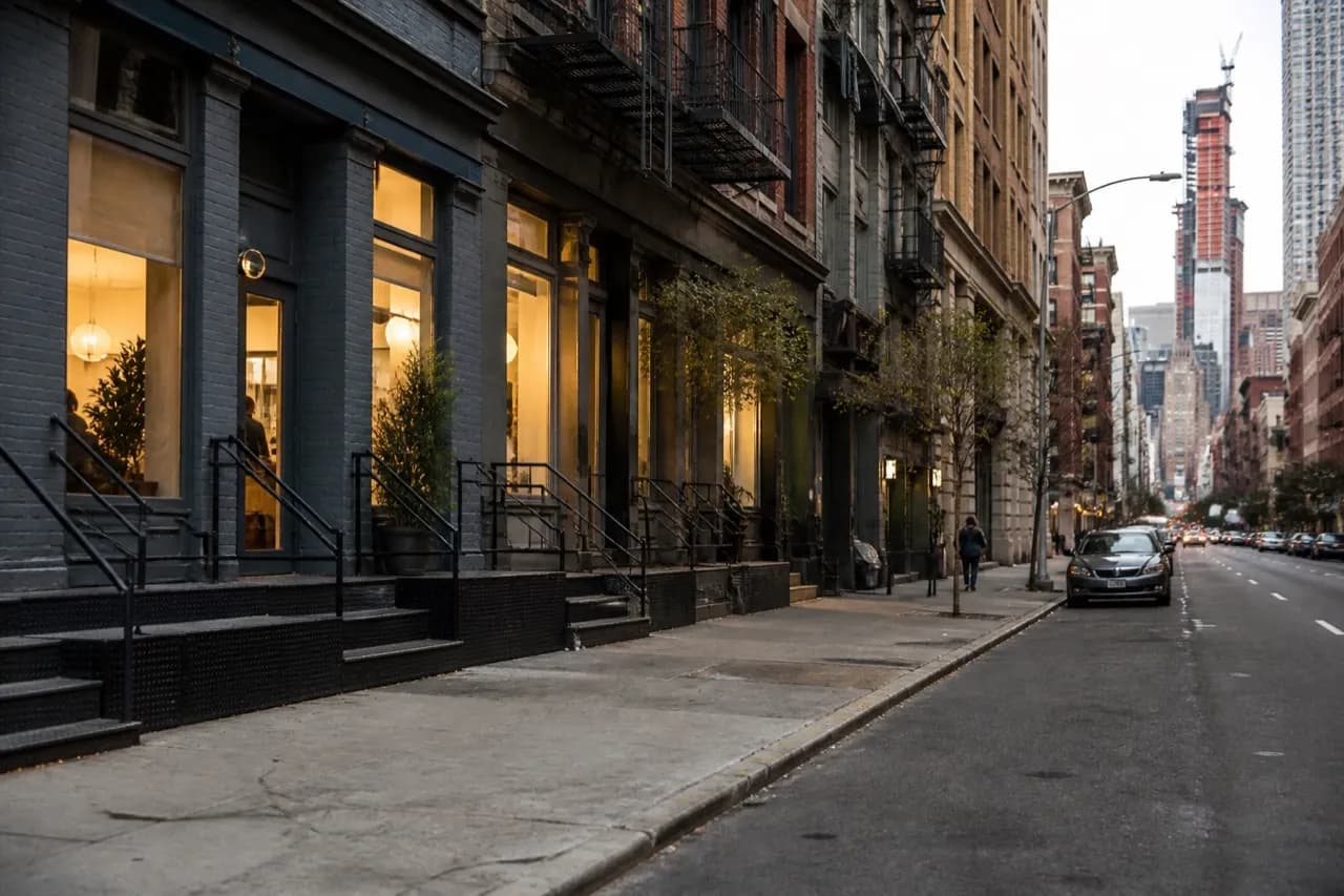 Manhattan block in the early evening with lit ground floors