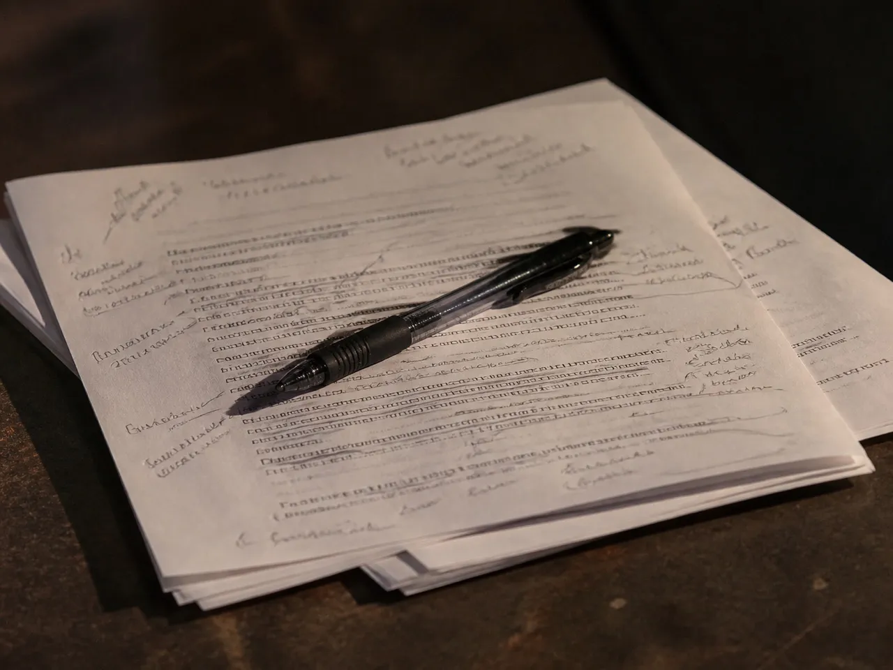 Marked-up manuscript pages and a pen on a table