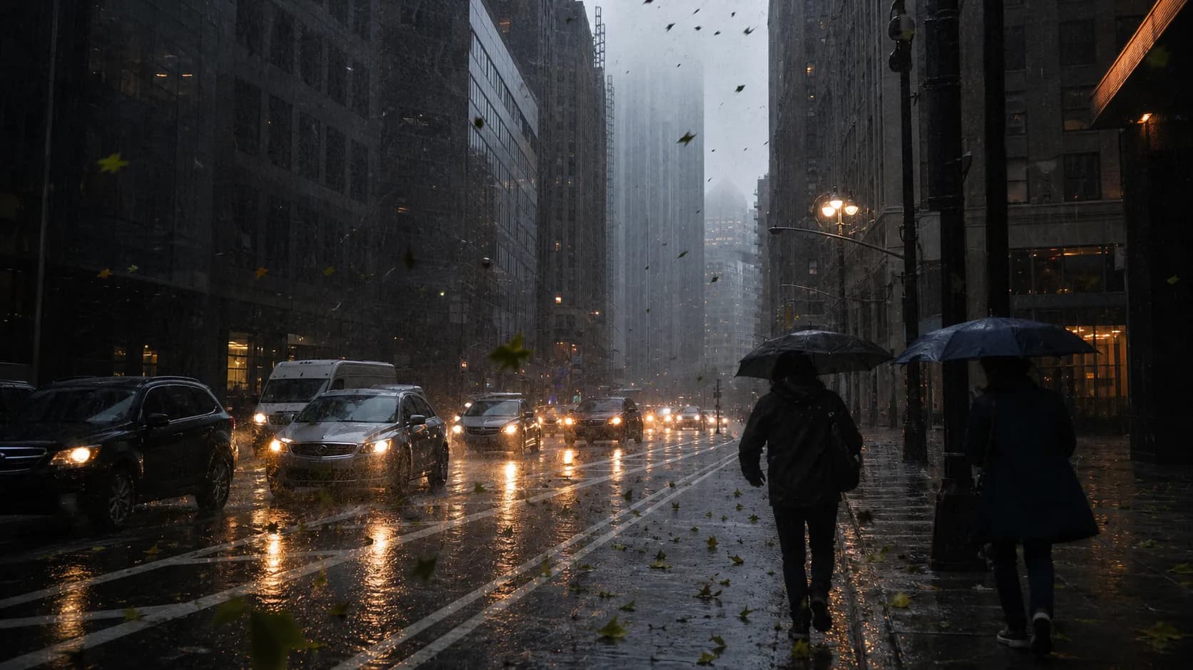 Pedestrians moving toward shelter on a rain-lashed Manhattan avenue during severe weather